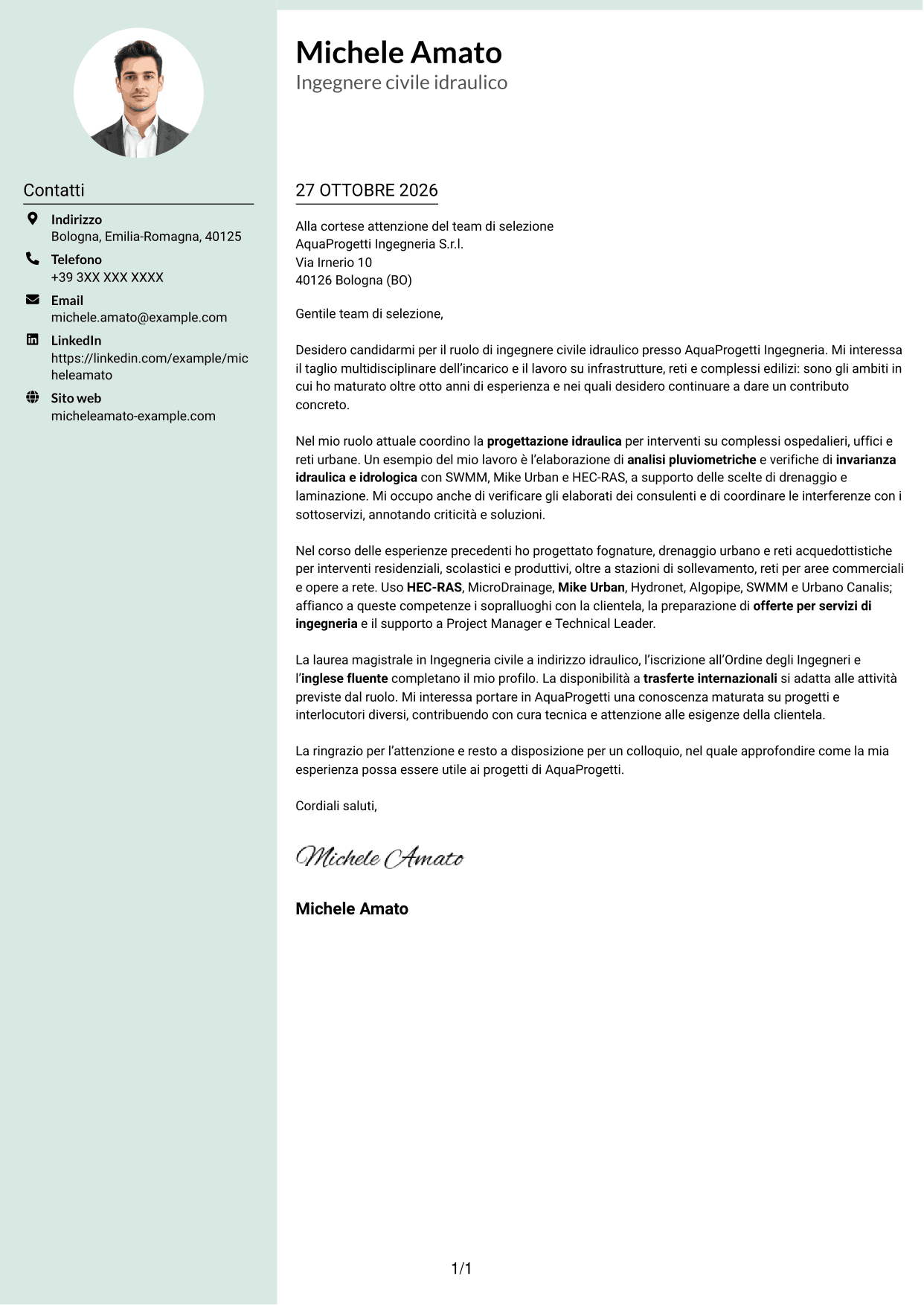 Lettera di presentazione Dirigente (formato con colonna laterale tenue e foto arrotondata): Ingegnere civile idraulico, pagina 1