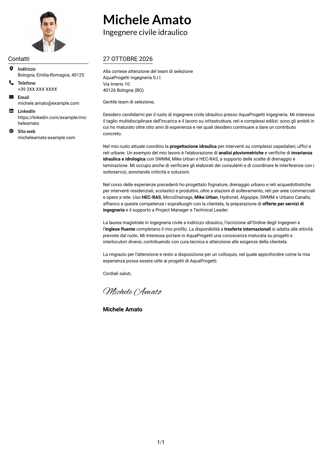 Esempio di lettera di presentazione — pagina 1