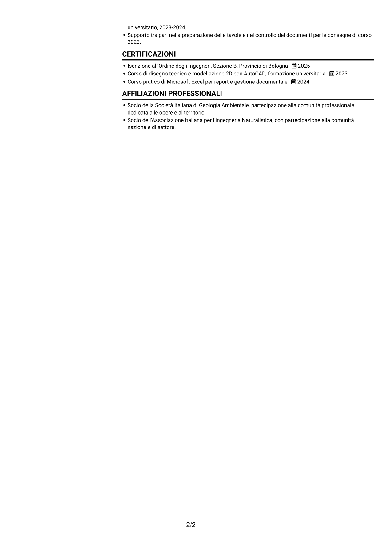 CV Compatto (formato sobrio a due colonne con foto): Ingegnere civile junior - Direzione lavori e gestione cantieri, pagina 2