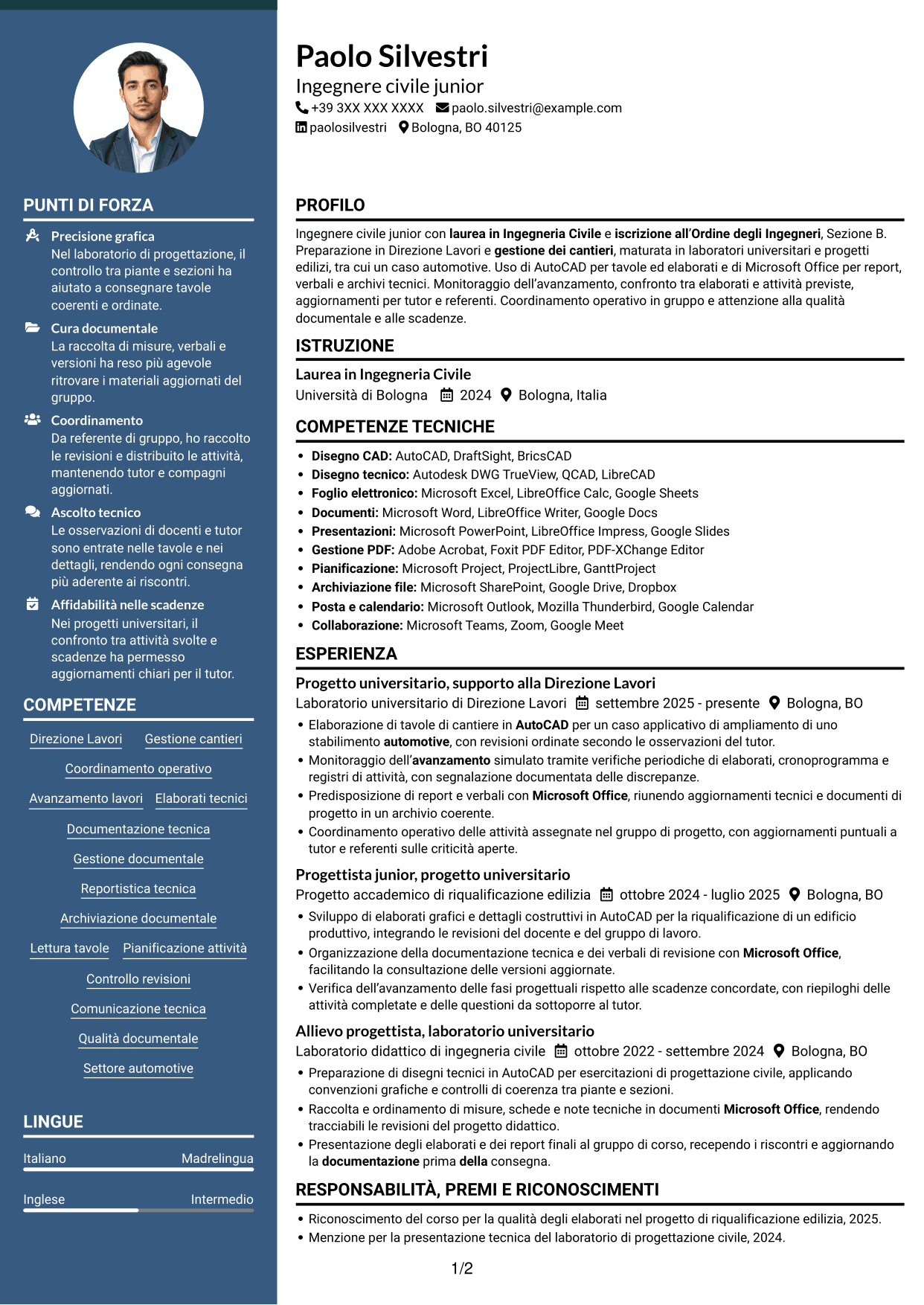 CV Elegante (formato con colonna laterale colorata e foto): Ingegnere civile junior - Direzione lavori e gestione cantieri, pagina 1