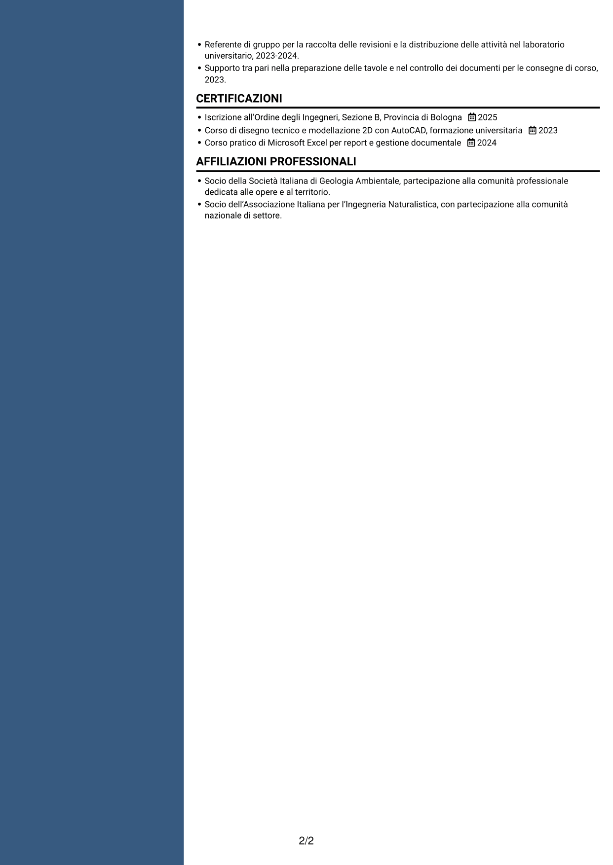 CV Elegante (formato con colonna laterale colorata e foto): Ingegnere civile junior - Direzione lavori e gestione cantieri, pagina 2