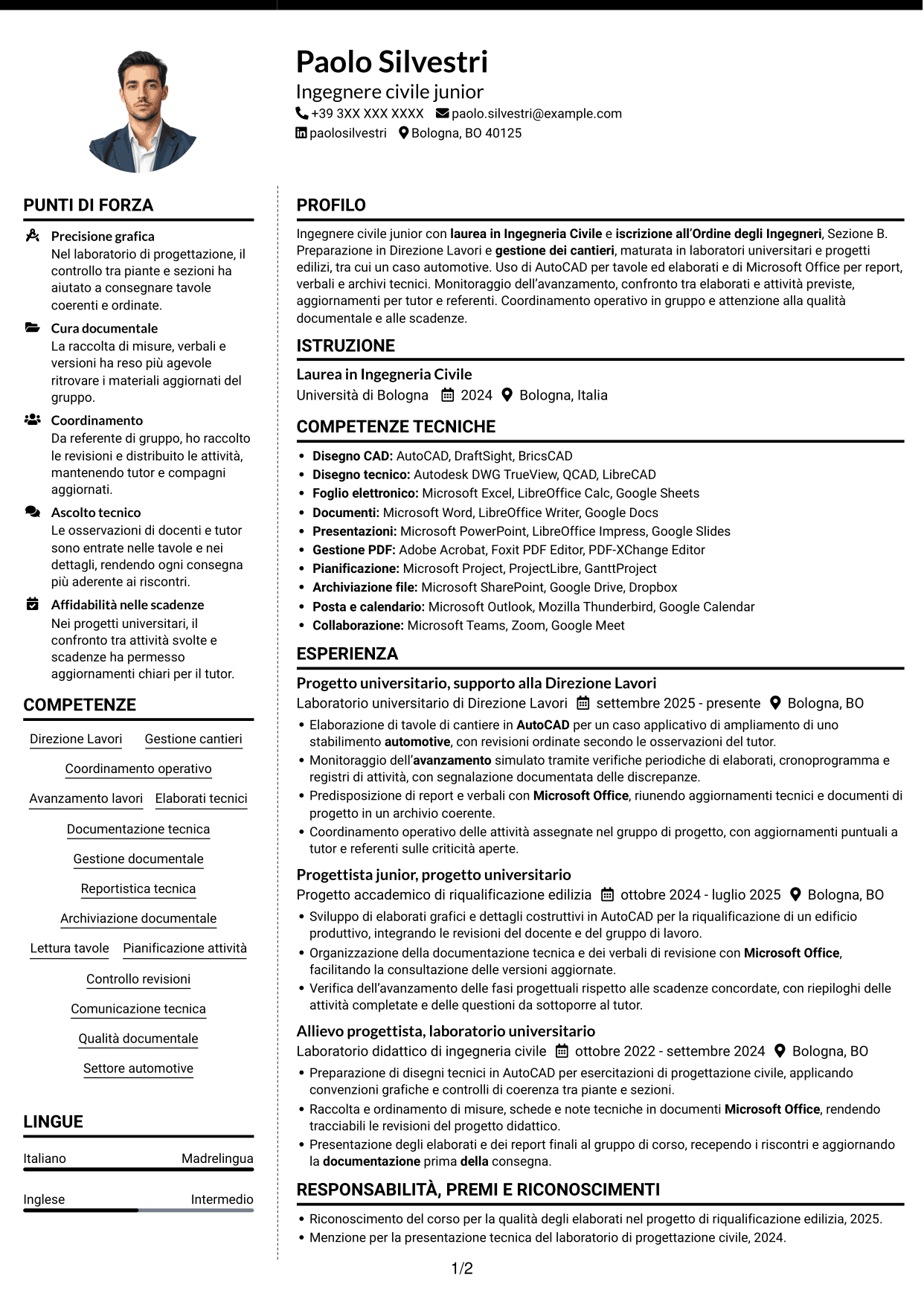 CV Moderno (formato a due colonne con foto a sinistra e separatore): Ingegnere civile junior - Direzione lavori e gestione cantieri, pagina 1
