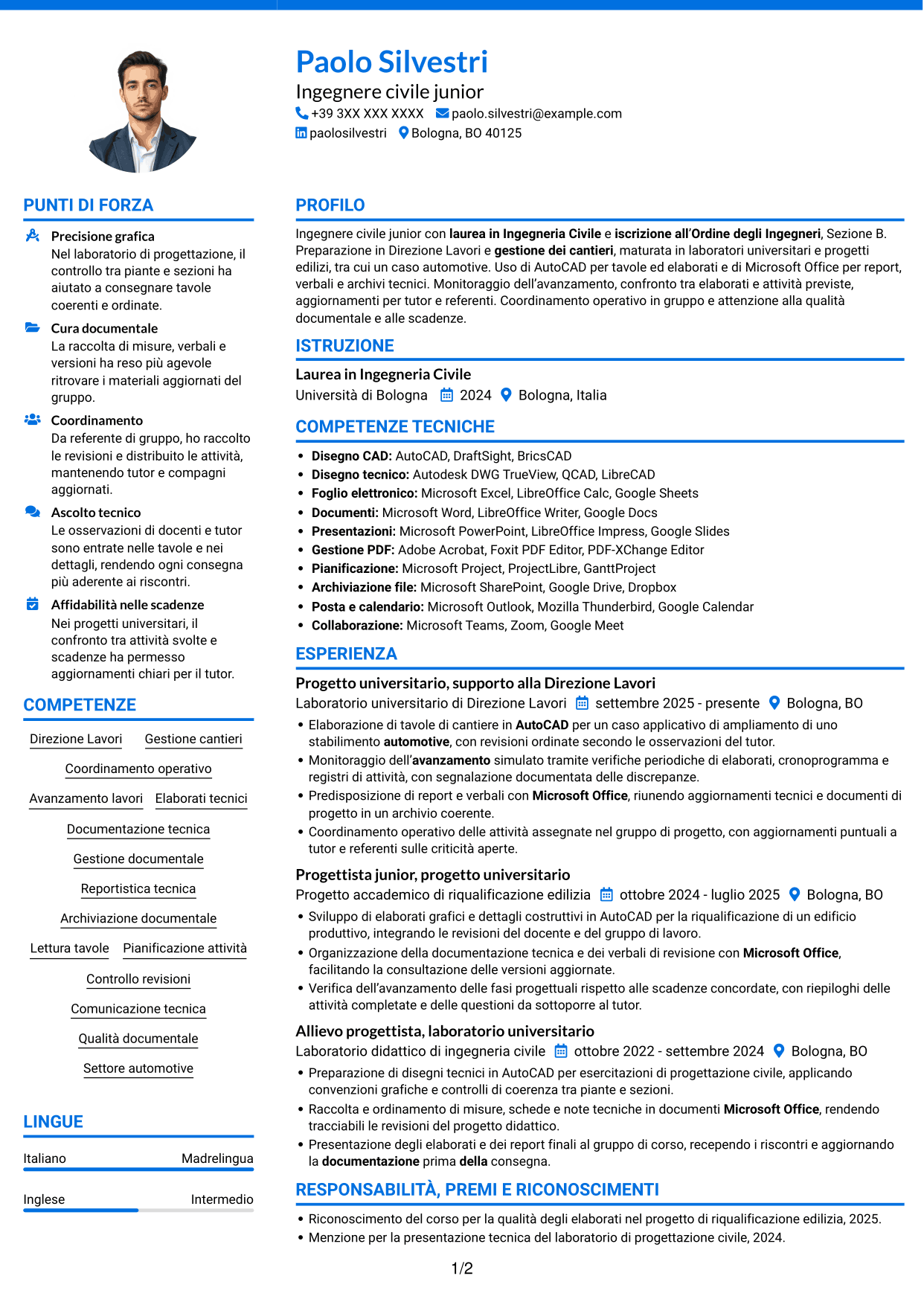 CV Audace (formato a due colonne con accenti colorati e foto): Ingegnere civile junior - Direzione lavori e gestione cantieri, pagina 1