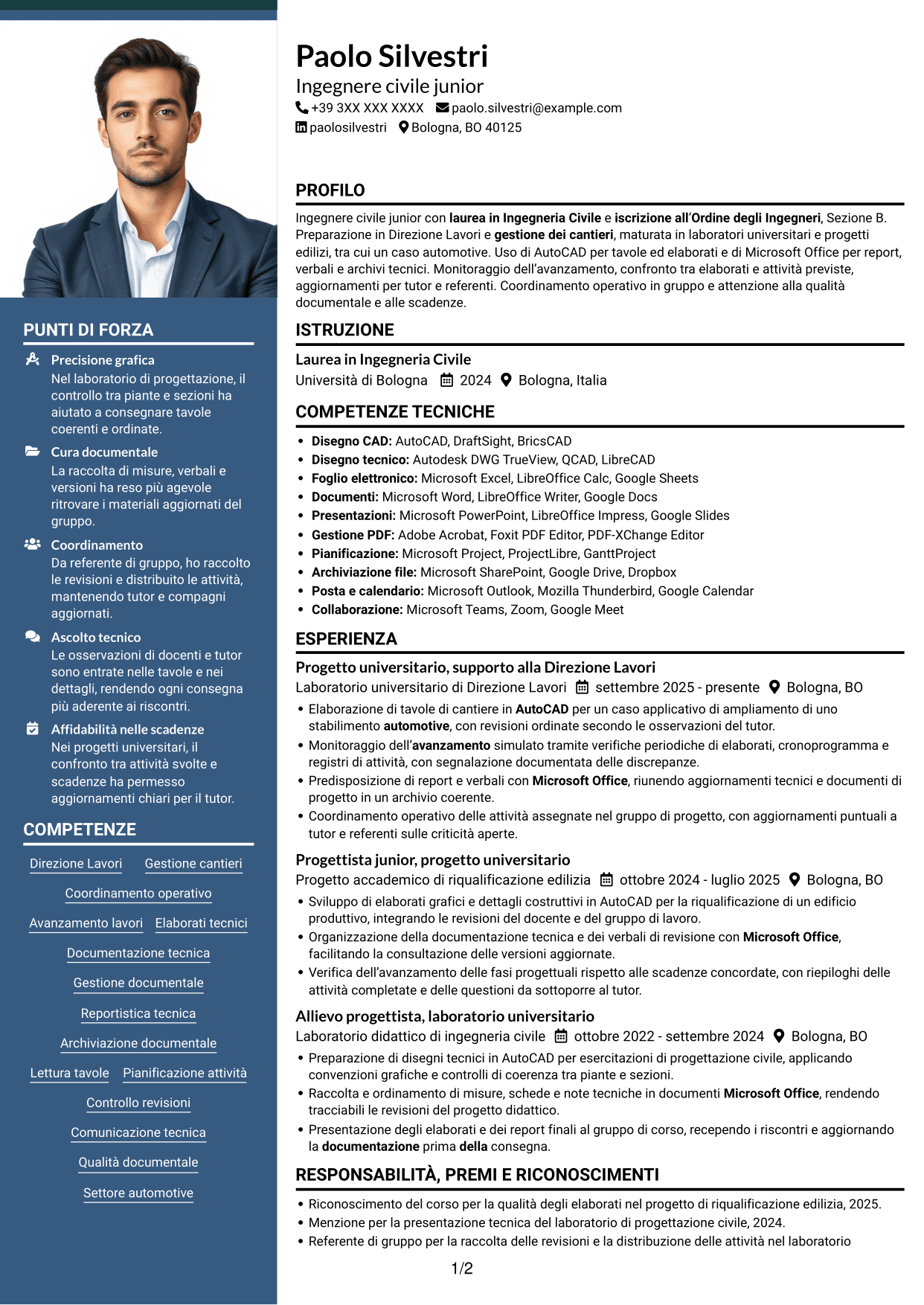 CV Signature (formato con colonna laterale colorata e foto grande): Ingegnere civile junior - Direzione lavori e gestione cantieri, pagina 1