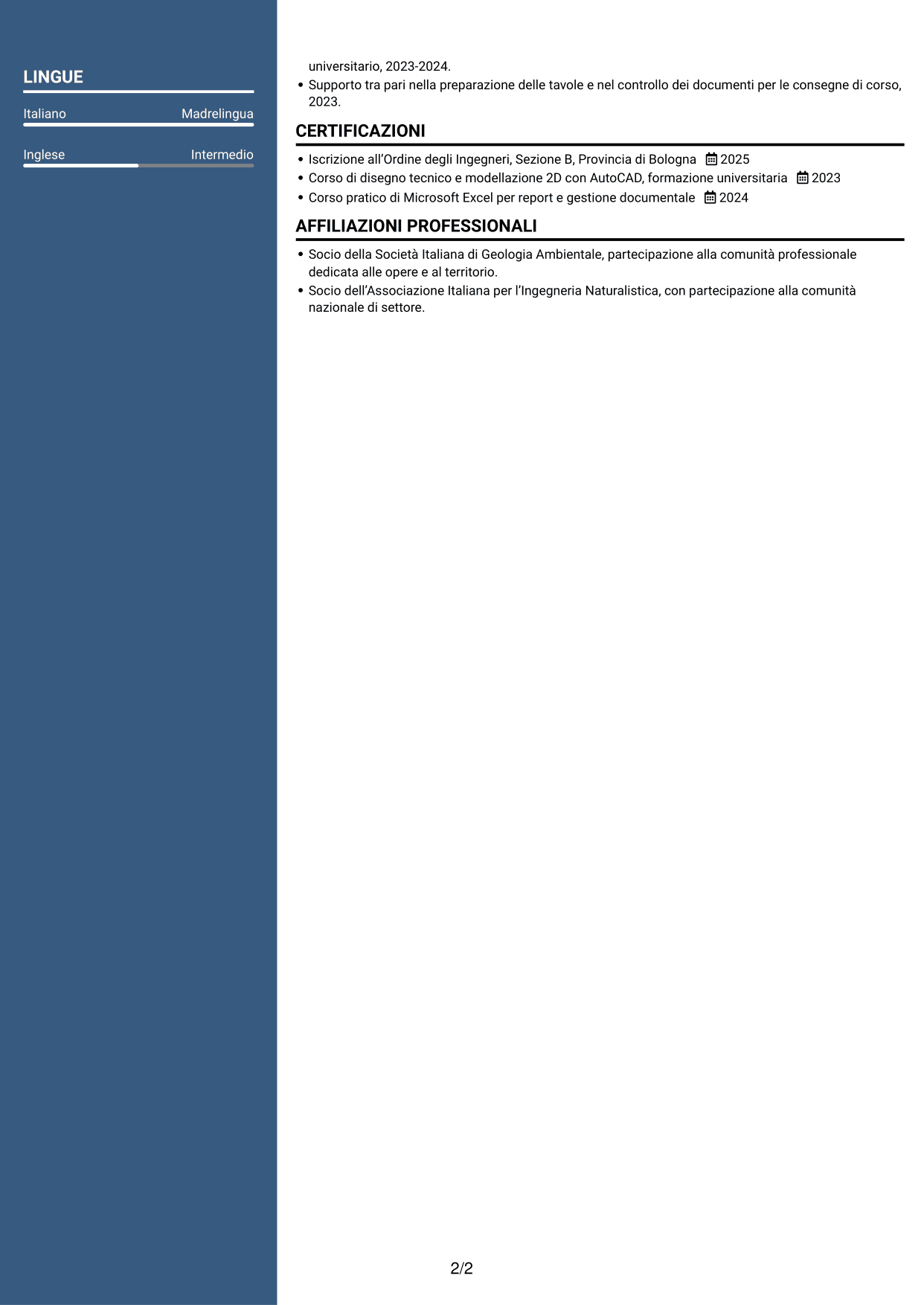 CV Signature (formato con colonna laterale colorata e foto grande): Ingegnere civile junior - Direzione lavori e gestione cantieri, pagina 2