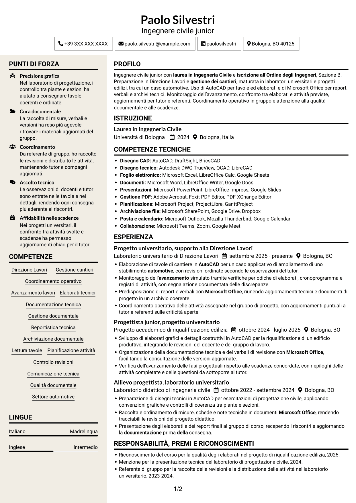 CV Intraprendente (formato a due colonne con intestazione centrata senza foto): Ingegnere civile junior - Direzione lavori e gestione cantieri, pagina 1