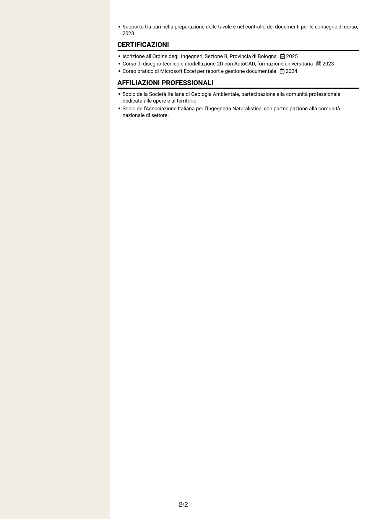 CV Intraprendente (formato a due colonne con intestazione centrata senza foto): Ingegnere civile junior - Direzione lavori e gestione cantieri, pagina 2
