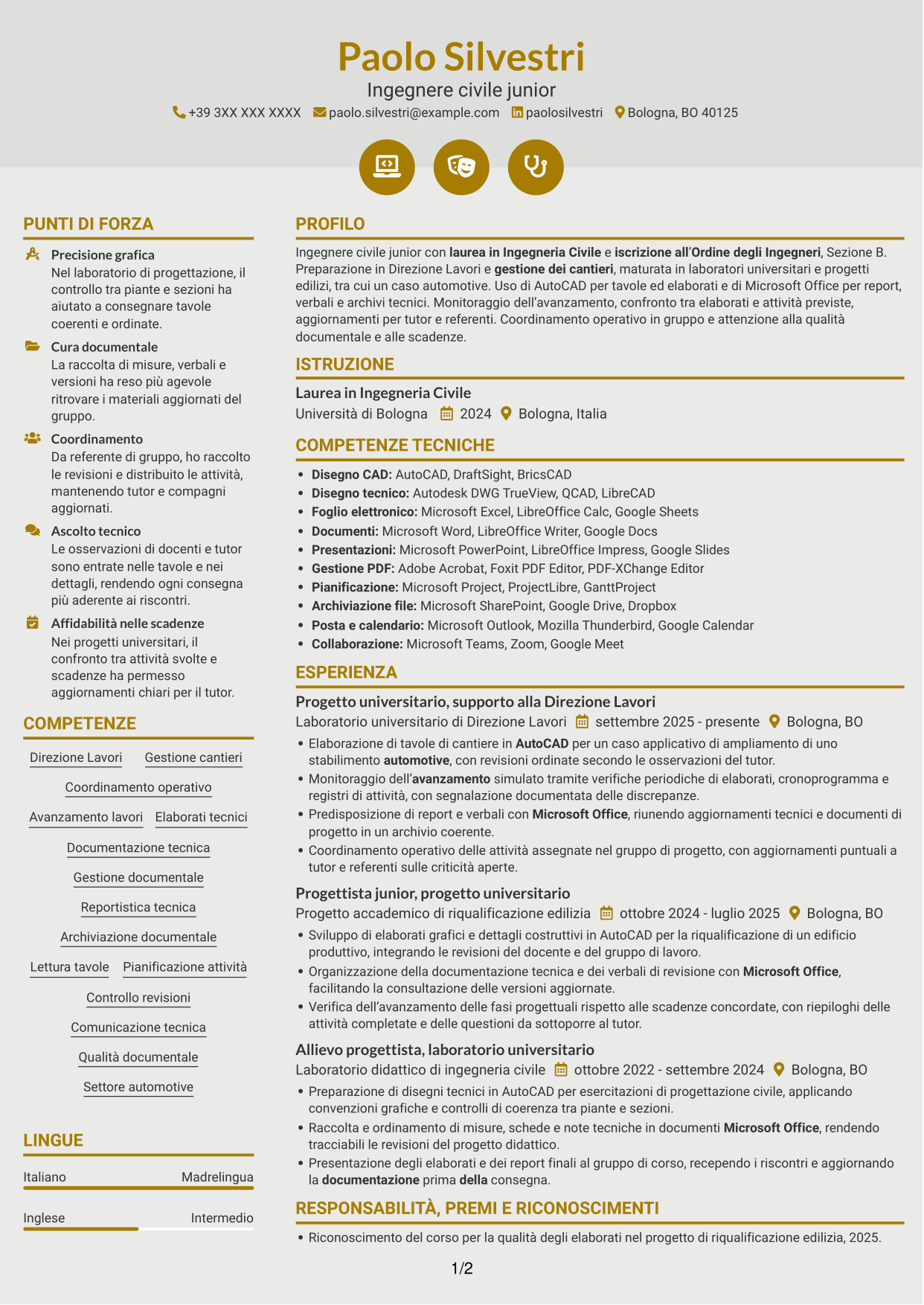 CV Dinamico (formato a due colonne con icone): Ingegnere civile junior - Direzione lavori e gestione cantieri, pagina 1