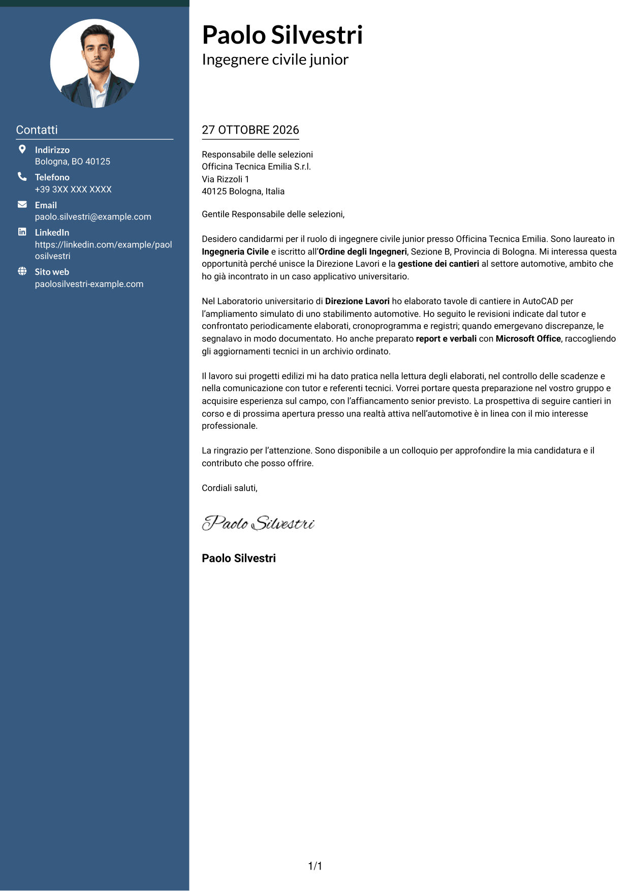 Lettera di presentazione Elegante (formato con colonna laterale colorata e foto): Ingegnere civile junior - Direzione lavori e gestione cantieri, pagina 1