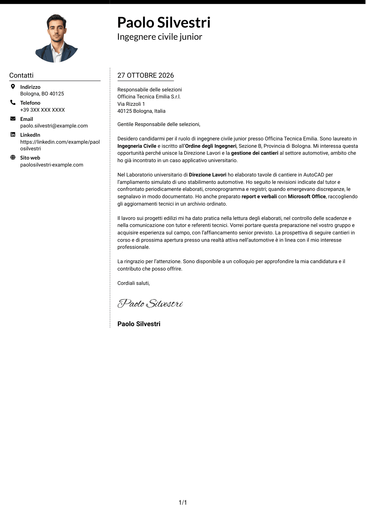 Lettera di presentazione Moderno (formato a due colonne con foto a sinistra e separatore): Ingegnere civile junior - Direzione lavori e gestione cantieri, pagina 1