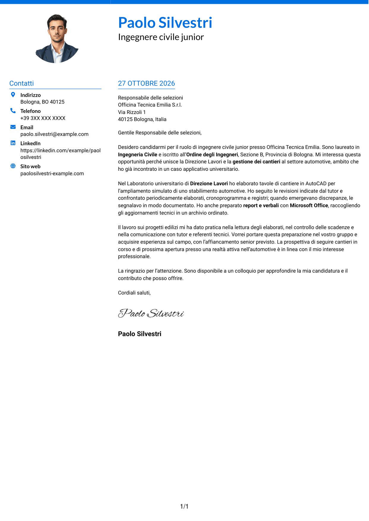 Lettera di presentazione Audace (formato a due colonne con accenti colorati e foto): Ingegnere civile junior - Direzione lavori e gestione cantieri, pagina 1