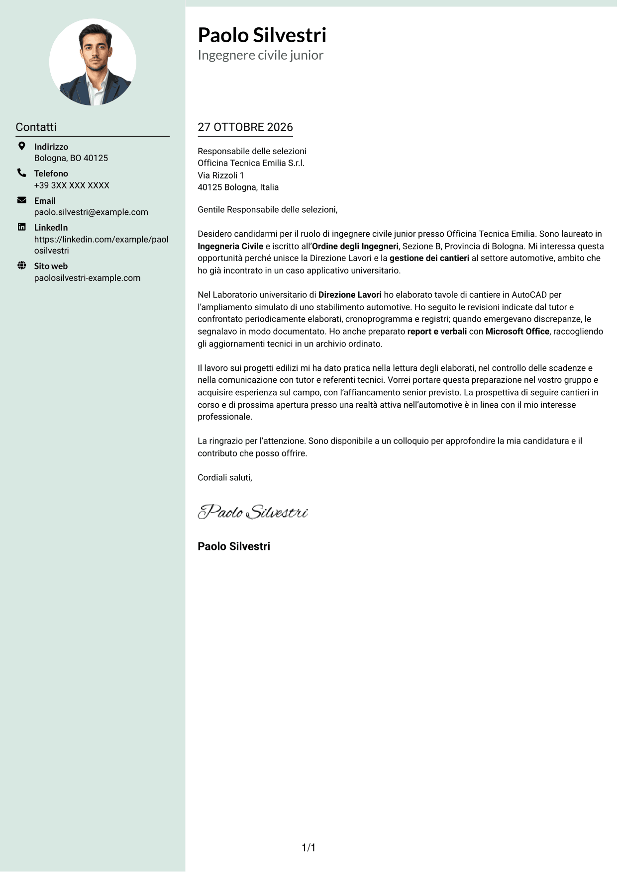 Lettera di presentazione Dirigente (formato con colonna laterale tenue e foto arrotondata): Ingegnere civile junior - Direzione lavori e gestione cantieri, pagina 1