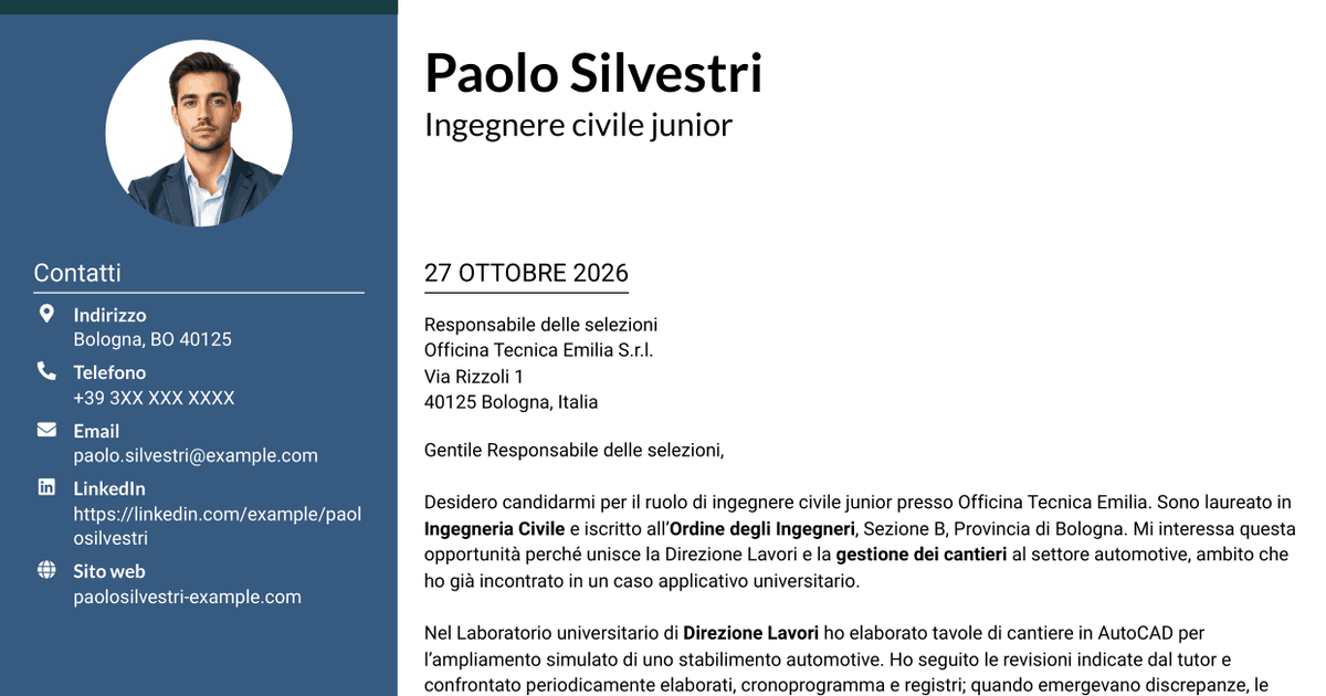 7 modelli di lettera di presentazione per Ingegnere civile junior - Direzione lavori e gestione cantieri, con esempi