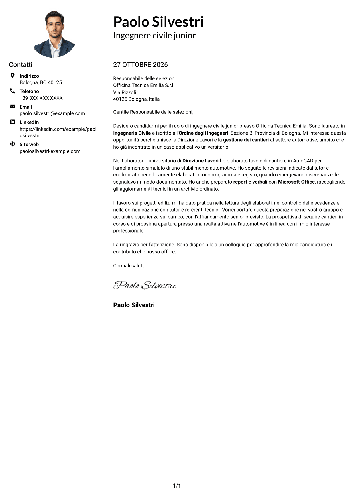 Esempio di lettera di presentazione — pagina 1