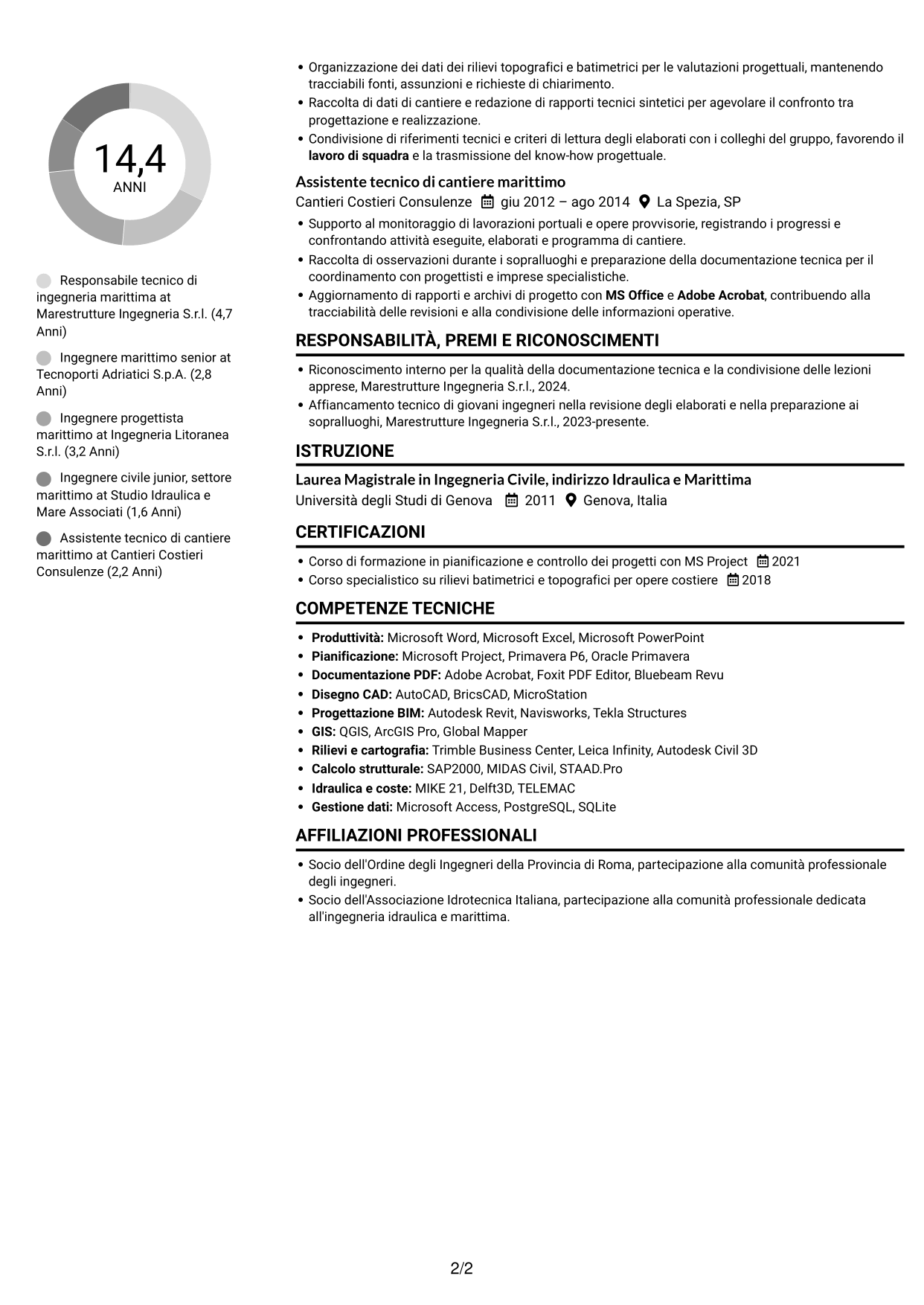 CV Compatto (formato sobrio a due colonne con foto): Ingegnere civile marittimo, pagina 2