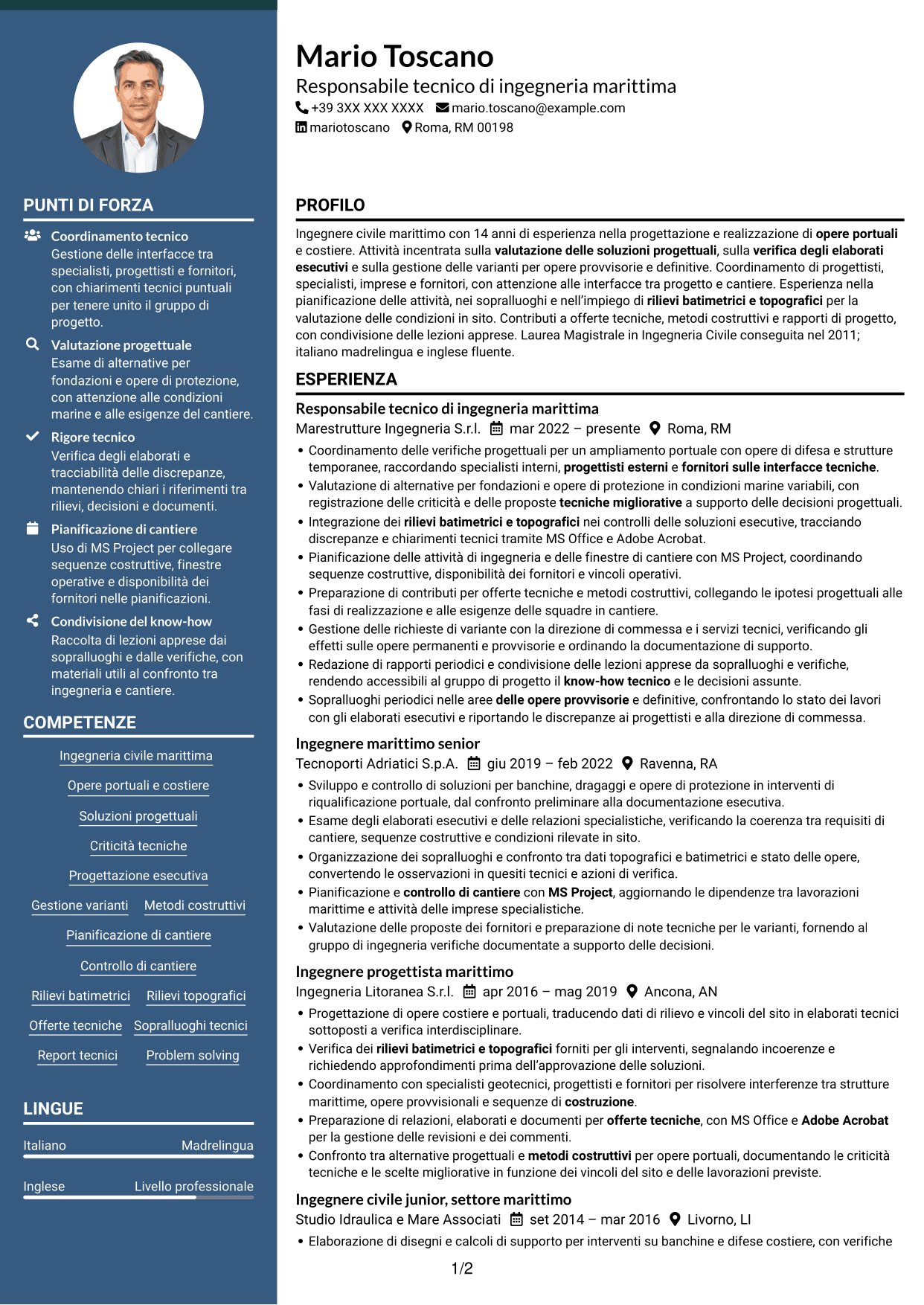 CV Elegante (formato con colonna laterale colorata e foto): Ingegnere civile marittimo, pagina 1