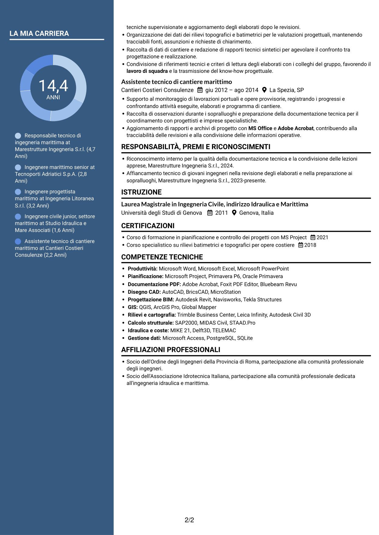 CV Elegante (formato con colonna laterale colorata e foto): Ingegnere civile marittimo, pagina 2