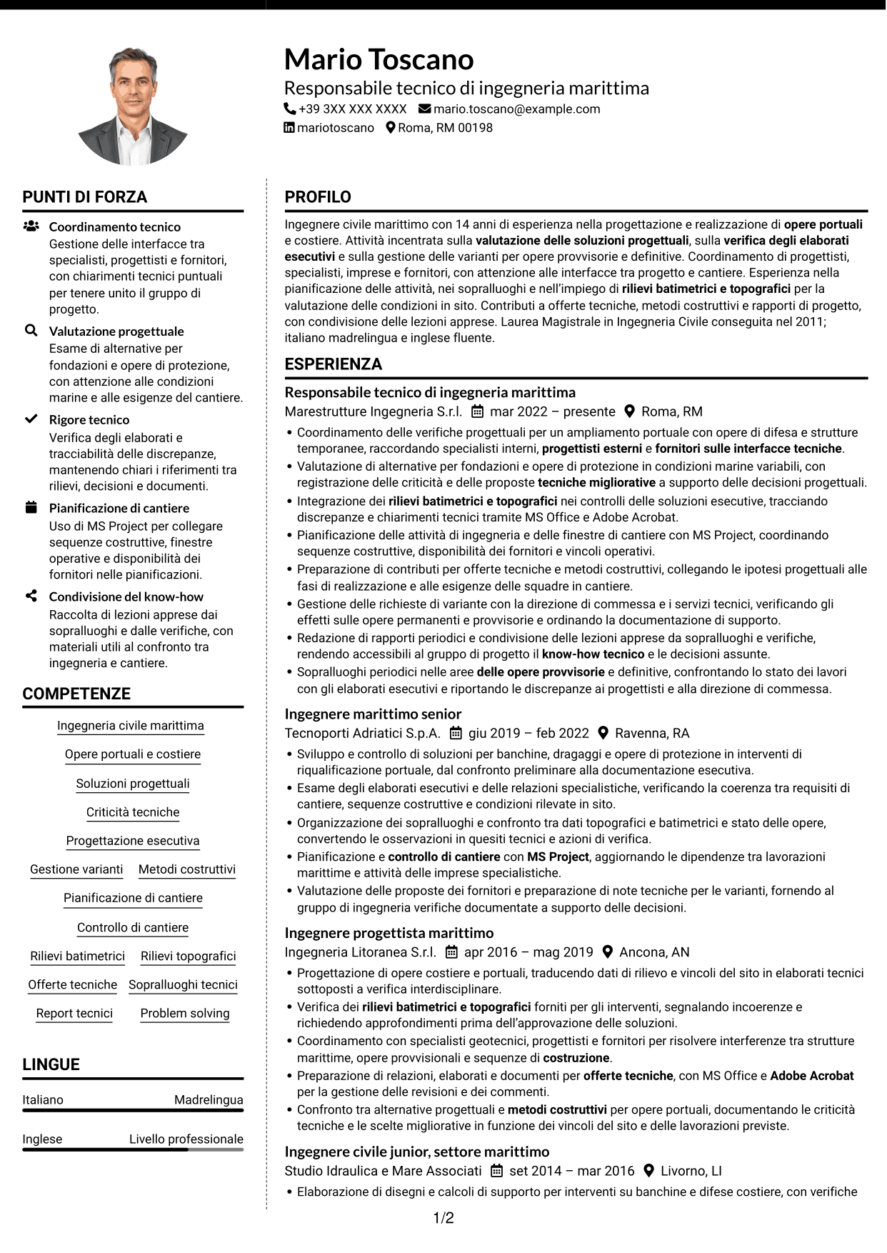CV Moderno (formato a due colonne con foto a sinistra e separatore): Ingegnere civile marittimo, pagina 1