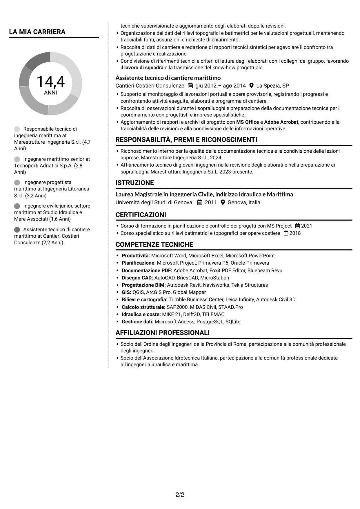 CV Moderno (formato a due colonne con foto a sinistra e separatore): Ingegnere civile marittimo, pagina 2