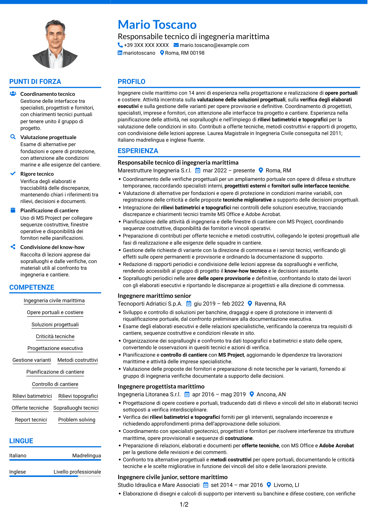 CV Audace (formato a due colonne con accenti colorati e foto): Ingegnere civile marittimo, pagina 1