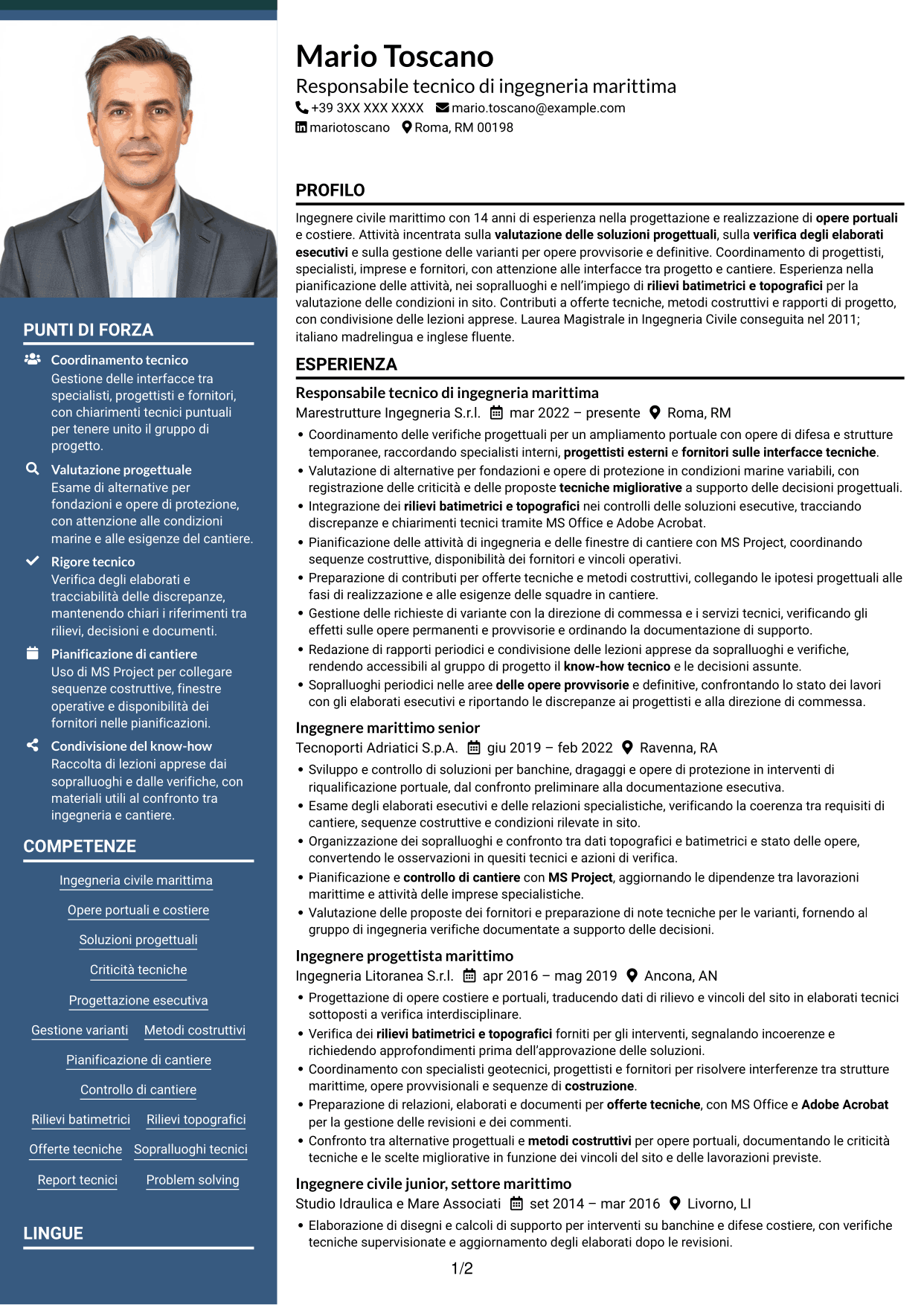 CV Signature (formato con colonna laterale colorata e foto grande): Ingegnere civile marittimo, pagina 1