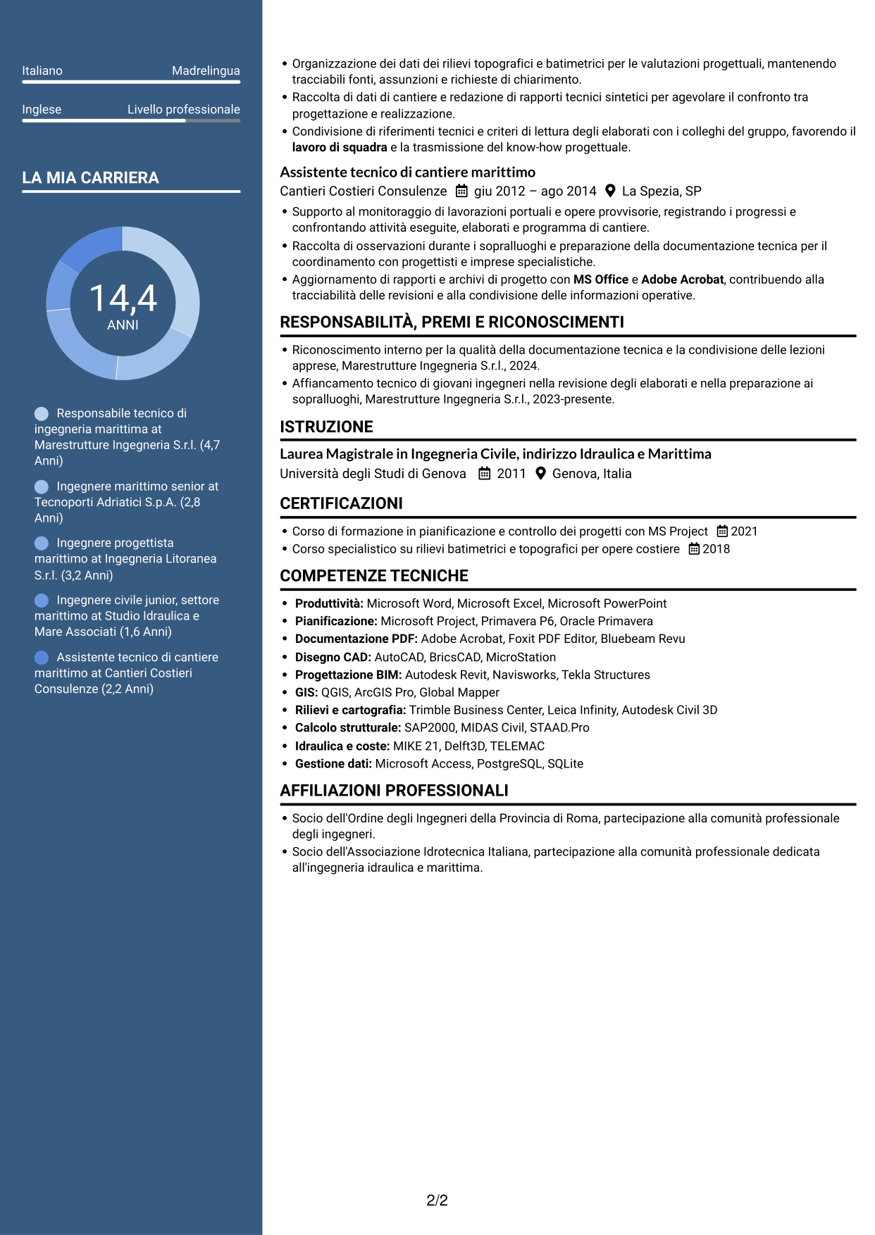 CV Signature (formato con colonna laterale colorata e foto grande): Ingegnere civile marittimo, pagina 2