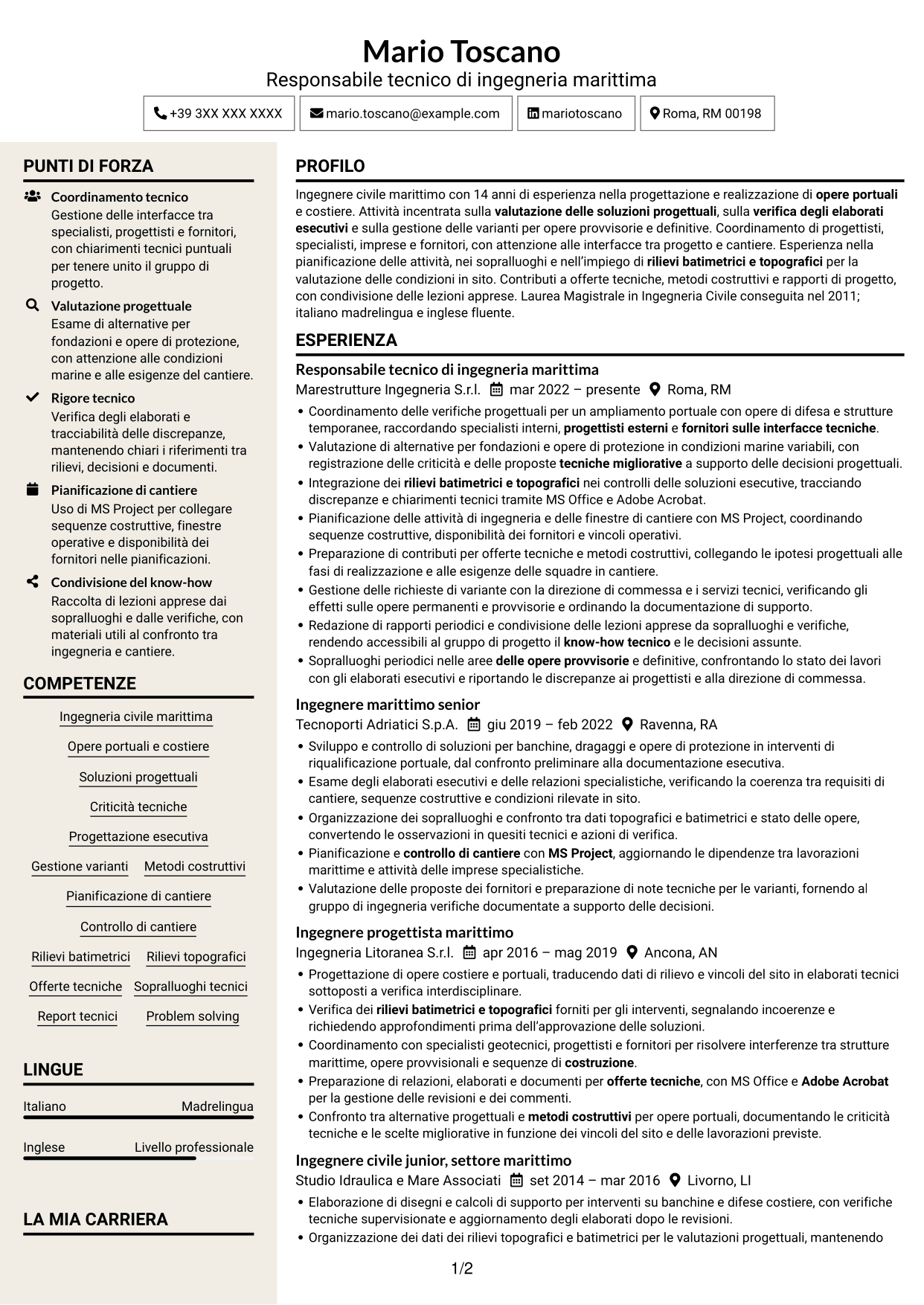 CV Intraprendente (formato a due colonne con intestazione centrata senza foto): Ingegnere civile marittimo, pagina 1