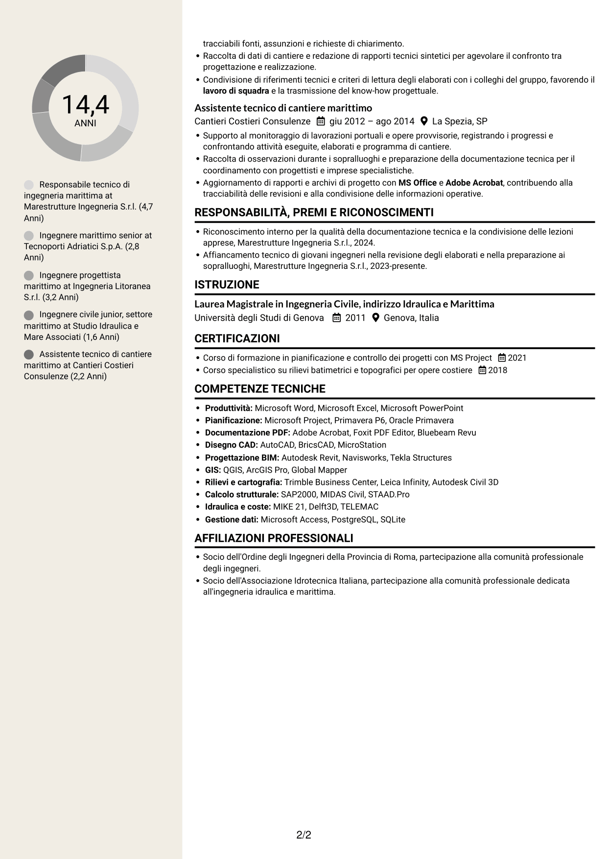 CV Intraprendente (formato a due colonne con intestazione centrata senza foto): Ingegnere civile marittimo, pagina 2