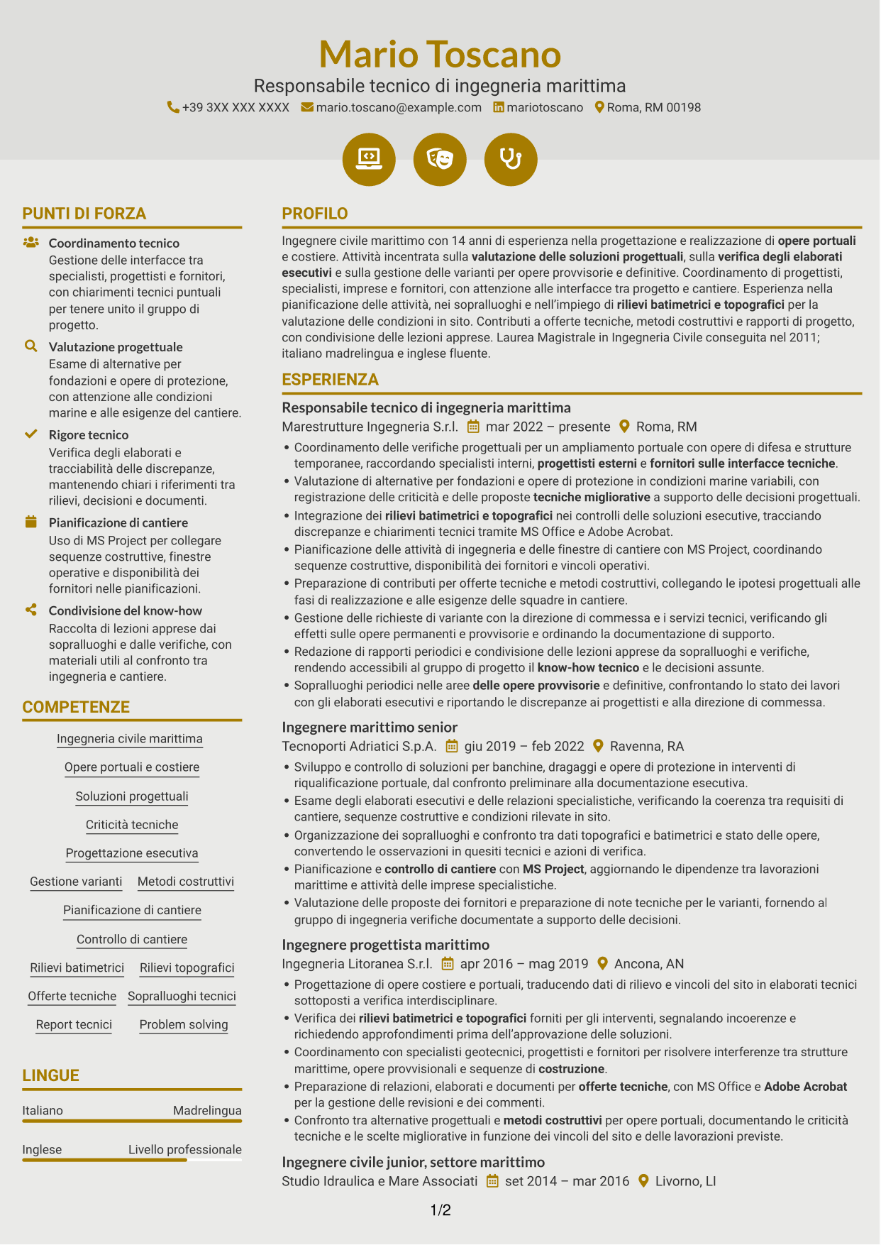 CV Dinamico (formato a due colonne con icone): Ingegnere civile marittimo, pagina 1