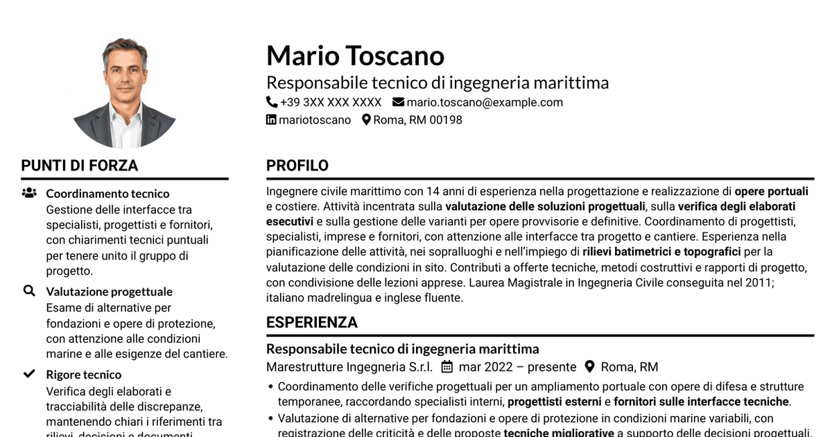 7 modelli di CV per Ingegnere civile marittimo, con esempi