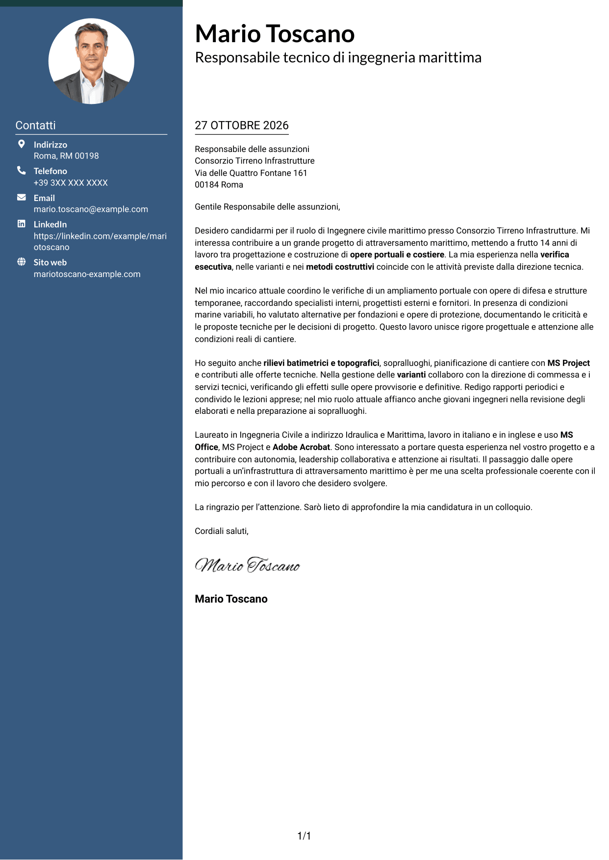 Lettera di presentazione Elegante (formato con colonna laterale colorata e foto): Ingegnere civile marittimo, pagina 1