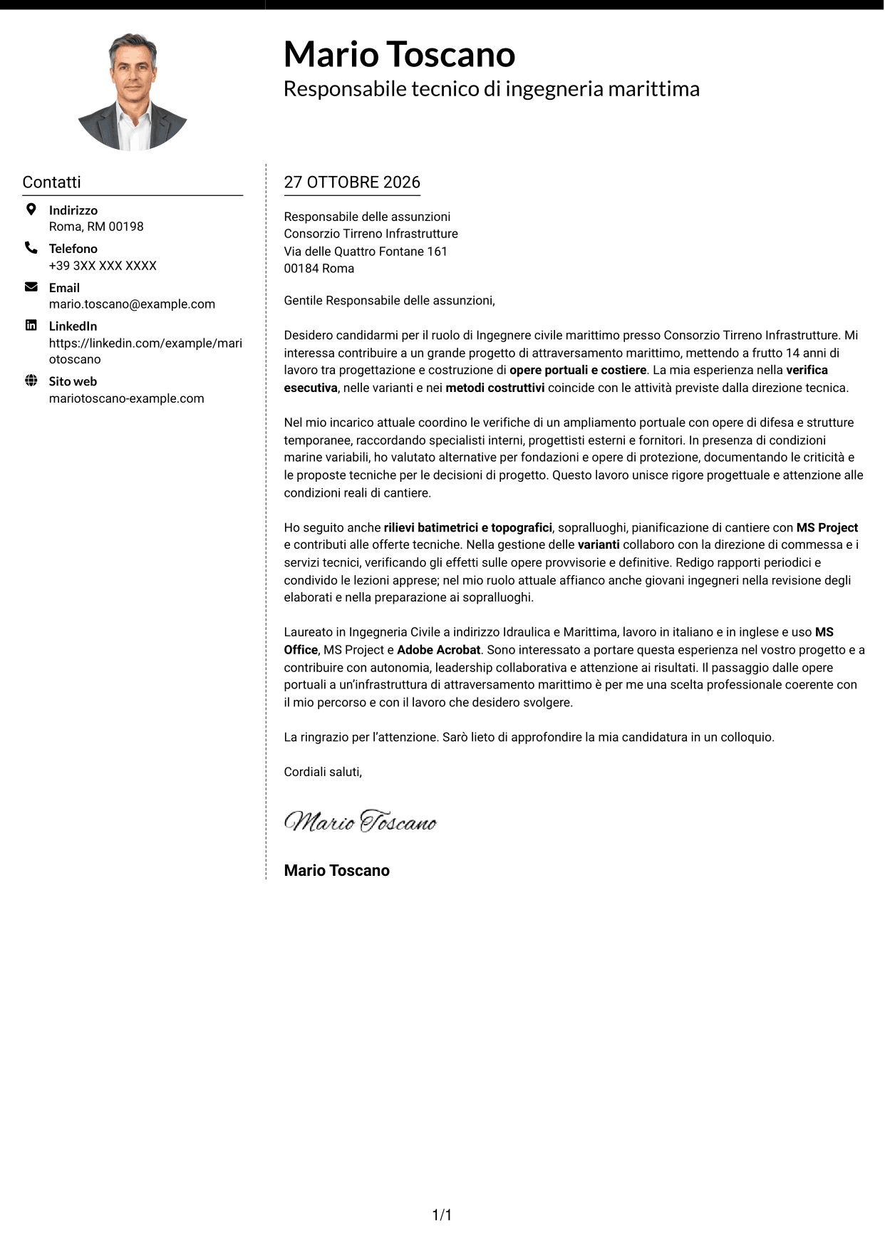 Lettera di presentazione Moderno (formato a due colonne con foto a sinistra e separatore): Ingegnere civile marittimo, pagina 1