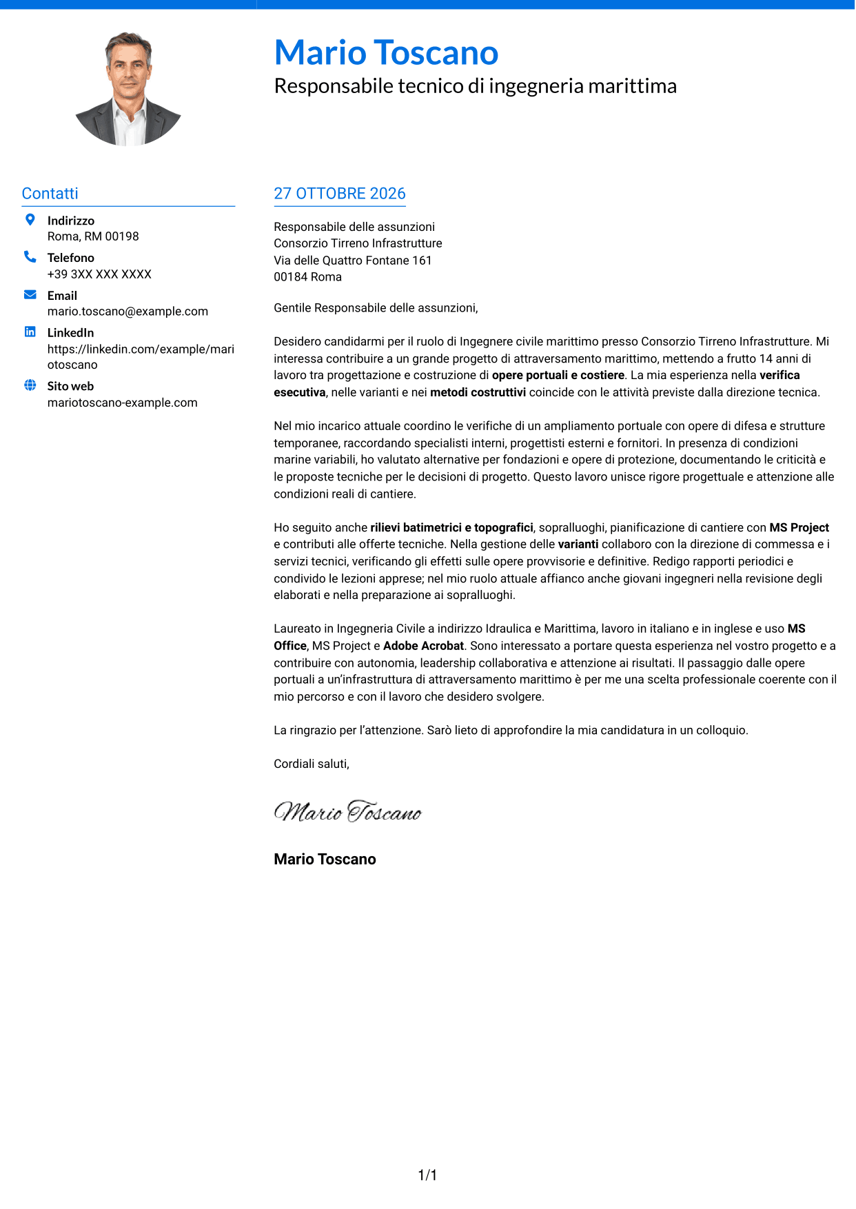 Lettera di presentazione Audace (formato a due colonne con accenti colorati e foto): Ingegnere civile marittimo, pagina 1