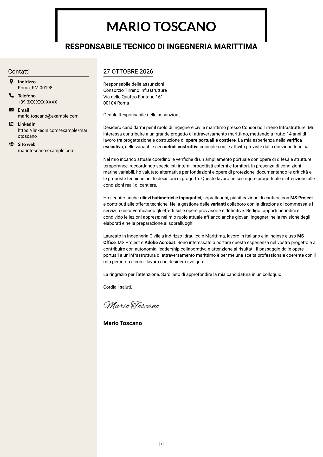 Lettera di presentazione Intraprendente (formato a due colonne con intestazione centrata senza foto): Ingegnere civile marittimo, pagina 1