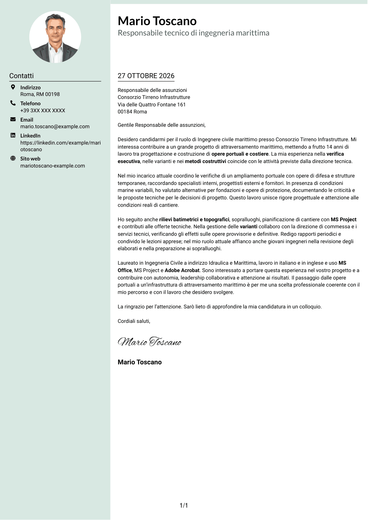 Lettera di presentazione Dirigente (formato con colonna laterale tenue e foto arrotondata): Ingegnere civile marittimo, pagina 1