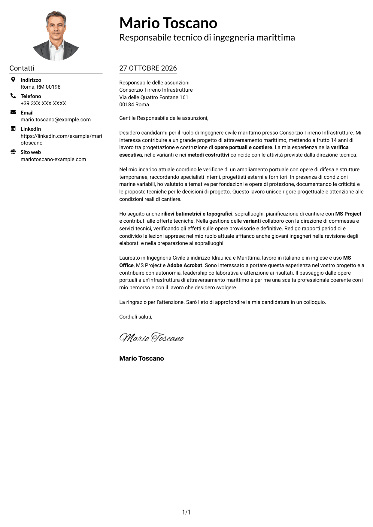 Esempio di lettera di presentazione — pagina 1