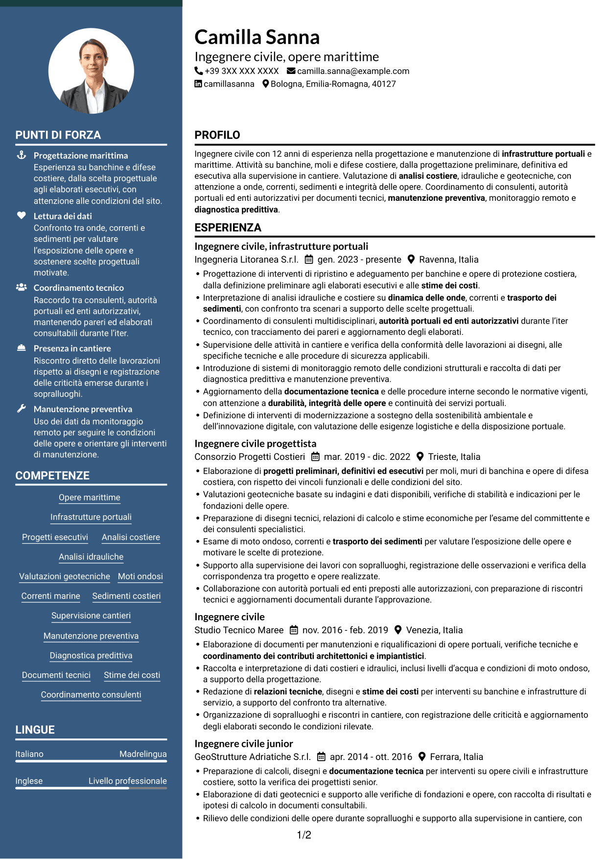 CV Elegante (formato con colonna laterale colorata e foto): Ingegnere Civile - Opere Marittime, pagina 1