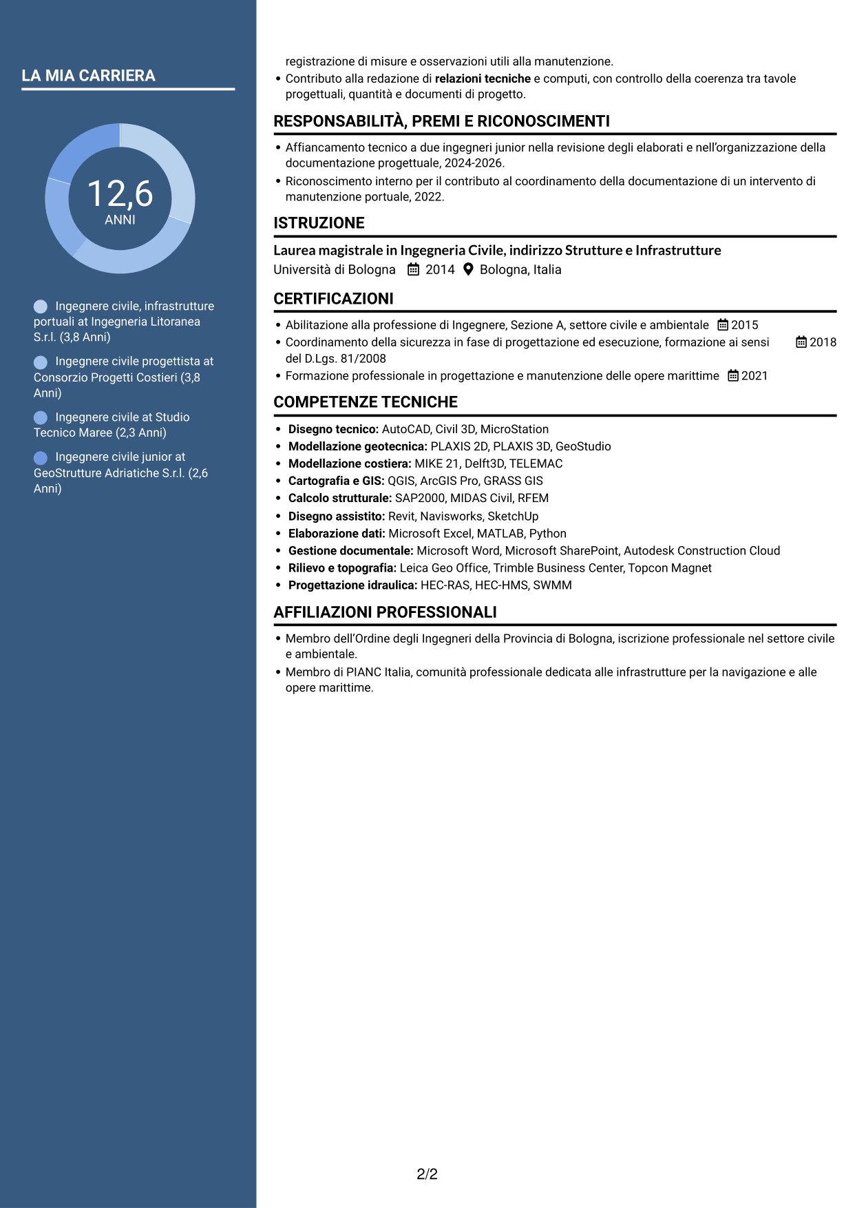 CV Elegante (formato con colonna laterale colorata e foto): Ingegnere Civile - Opere Marittime, pagina 2