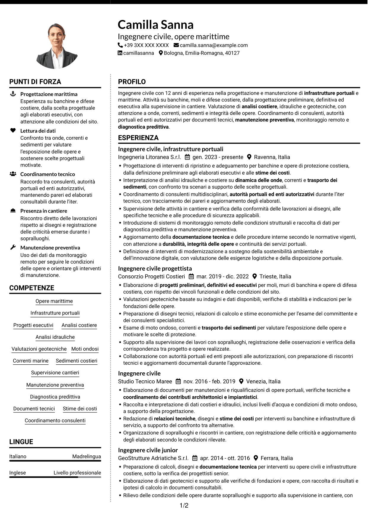 CV Moderno (formato a due colonne con foto a sinistra e separatore): Ingegnere Civile - Opere Marittime, pagina 1