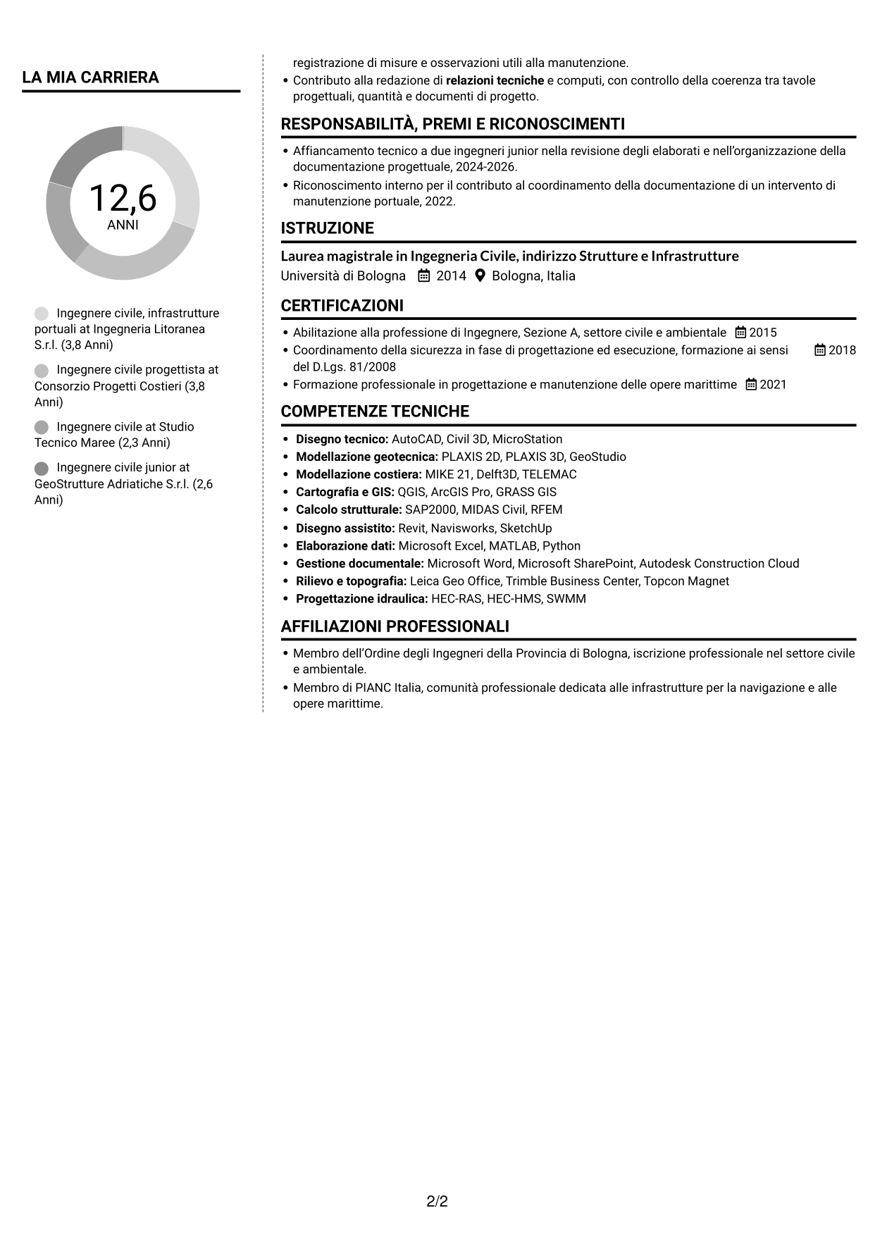 CV Moderno (formato a due colonne con foto a sinistra e separatore): Ingegnere Civile - Opere Marittime, pagina 2