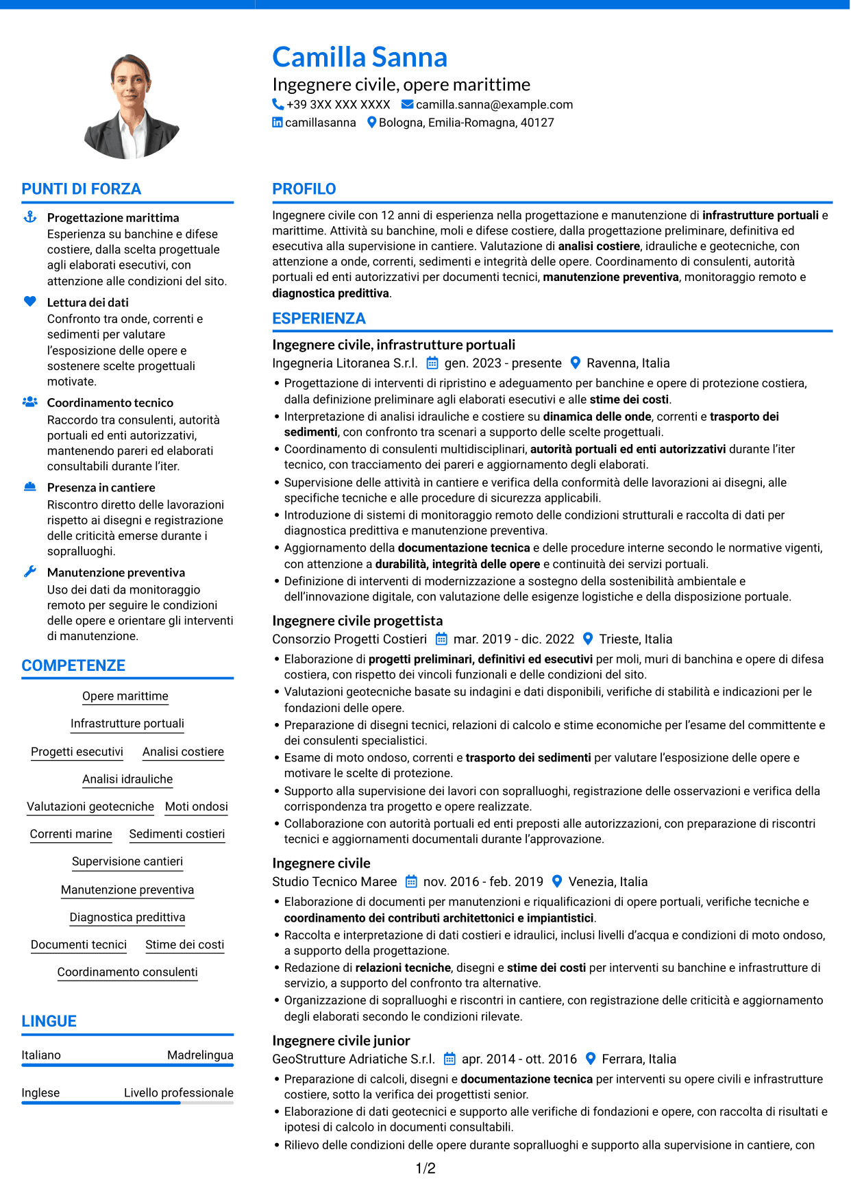 CV Audace (formato a due colonne con accenti colorati e foto): Ingegnere Civile - Opere Marittime, pagina 1