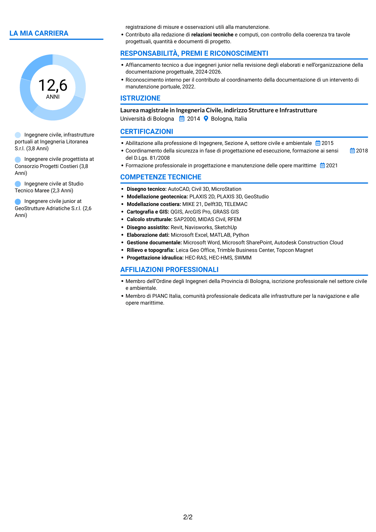 CV Audace (formato a due colonne con accenti colorati e foto): Ingegnere Civile - Opere Marittime, pagina 2