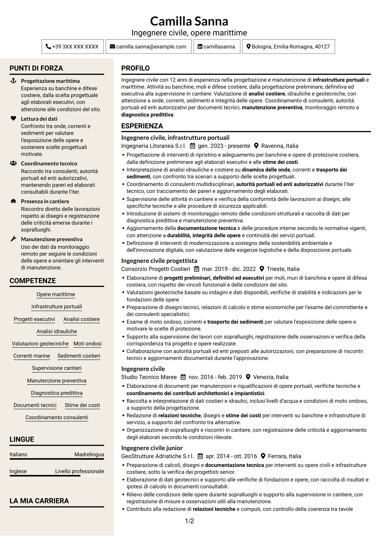 CV Intraprendente (formato a due colonne con intestazione centrata senza foto): Ingegnere Civile - Opere Marittime, pagina 1