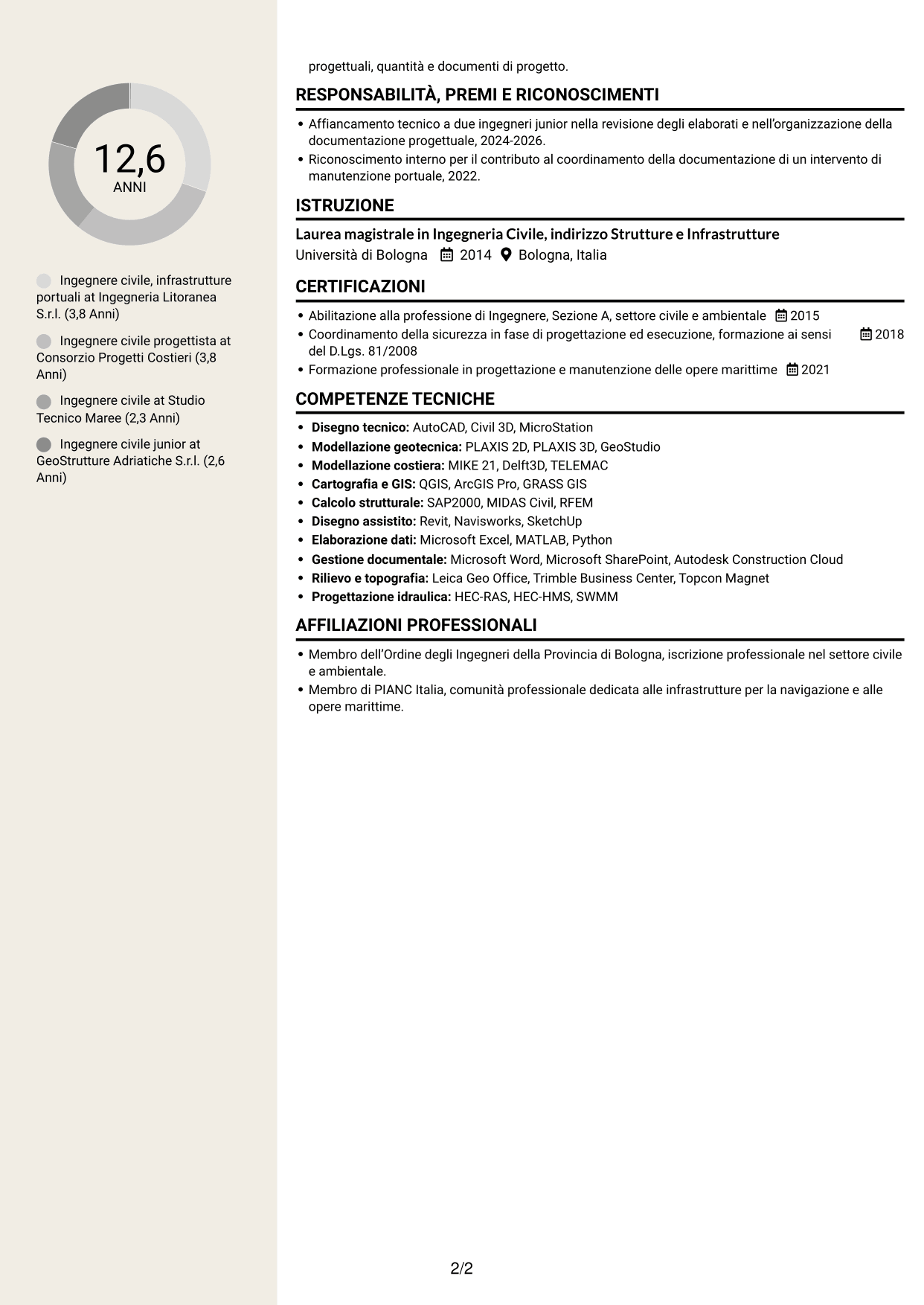CV Intraprendente (formato a due colonne con intestazione centrata senza foto): Ingegnere Civile - Opere Marittime, pagina 2