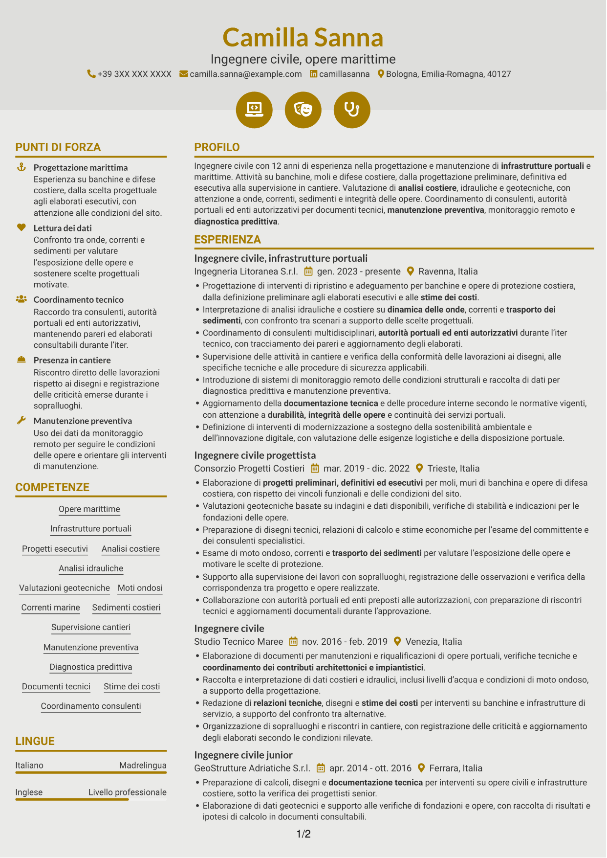 CV Dinamico (formato a due colonne con icone): Ingegnere Civile - Opere Marittime, pagina 1