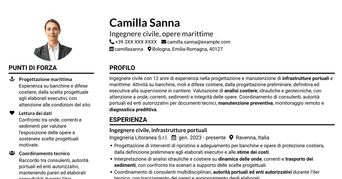 7 modelli di CV per Ingegnere Civile - Opere Marittime, con esempi