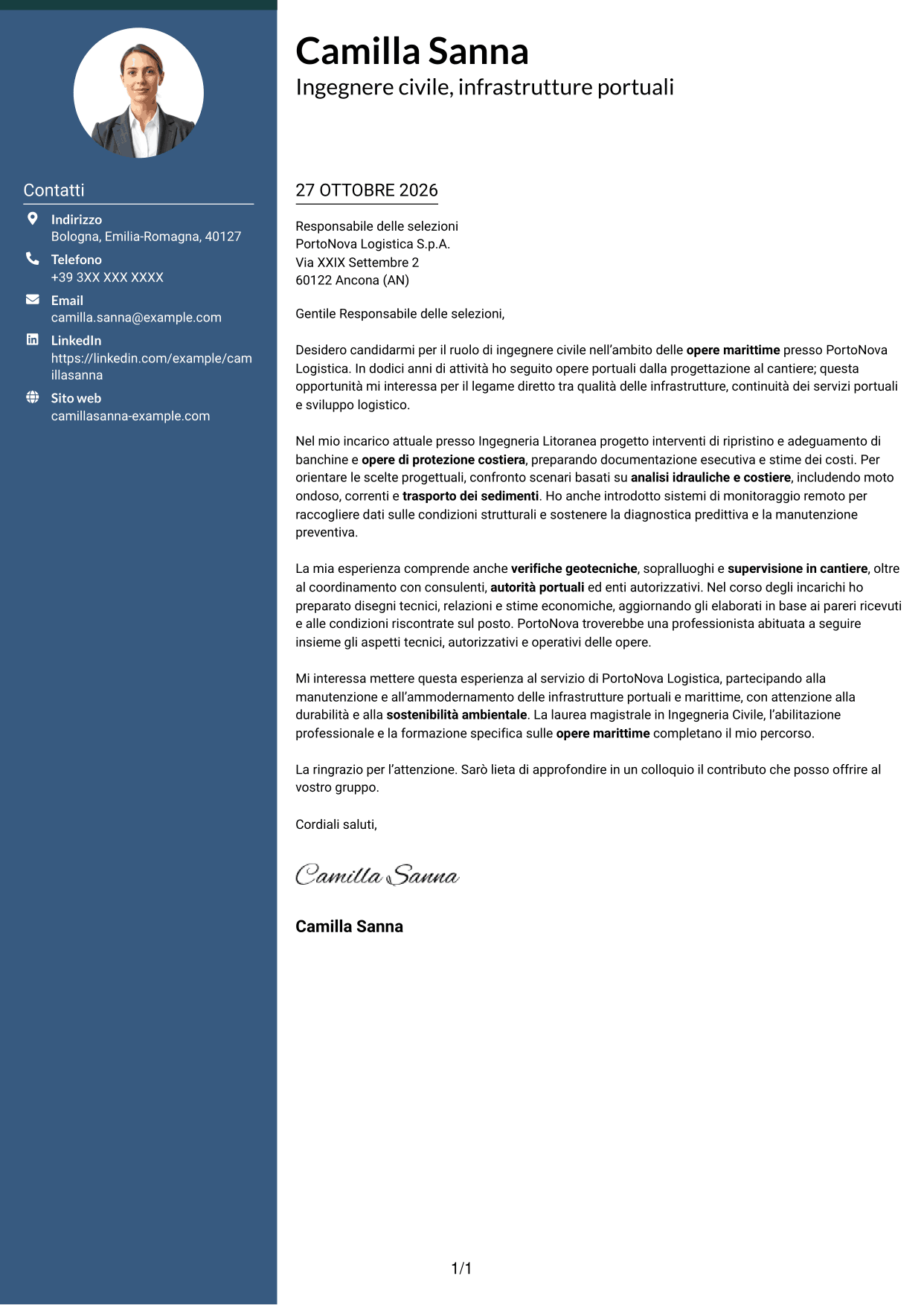 Lettera di presentazione Elegante (formato con colonna laterale colorata e foto): Ingegnere Civile - Opere Marittime, pagina 1