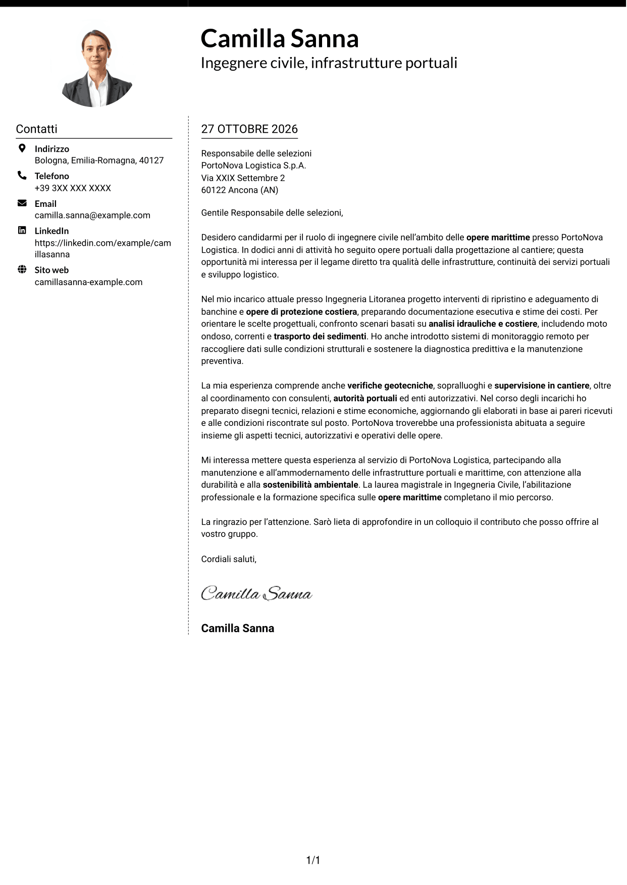 Lettera di presentazione Moderno (formato a due colonne con foto a sinistra e separatore): Ingegnere Civile - Opere Marittime, pagina 1