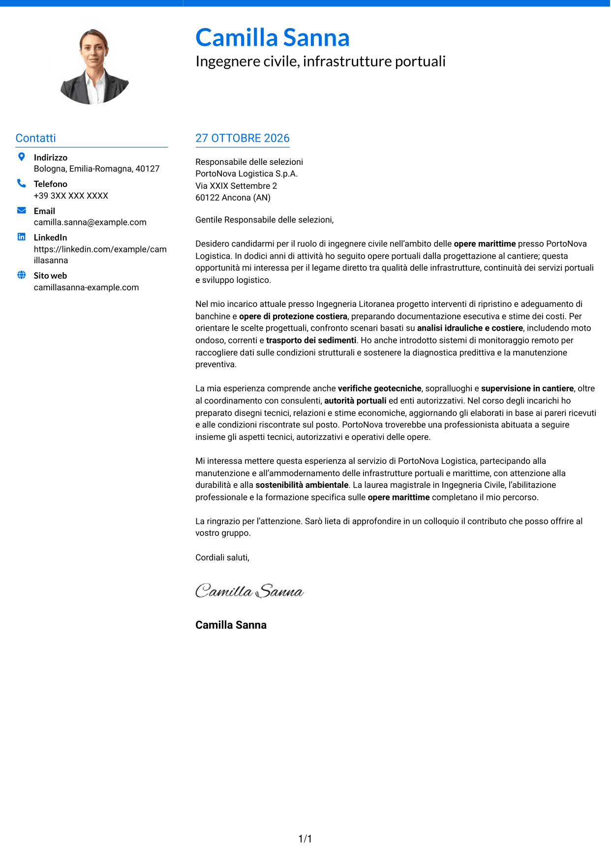 Lettera di presentazione Audace (formato a due colonne con accenti colorati e foto): Ingegnere Civile - Opere Marittime, pagina 1