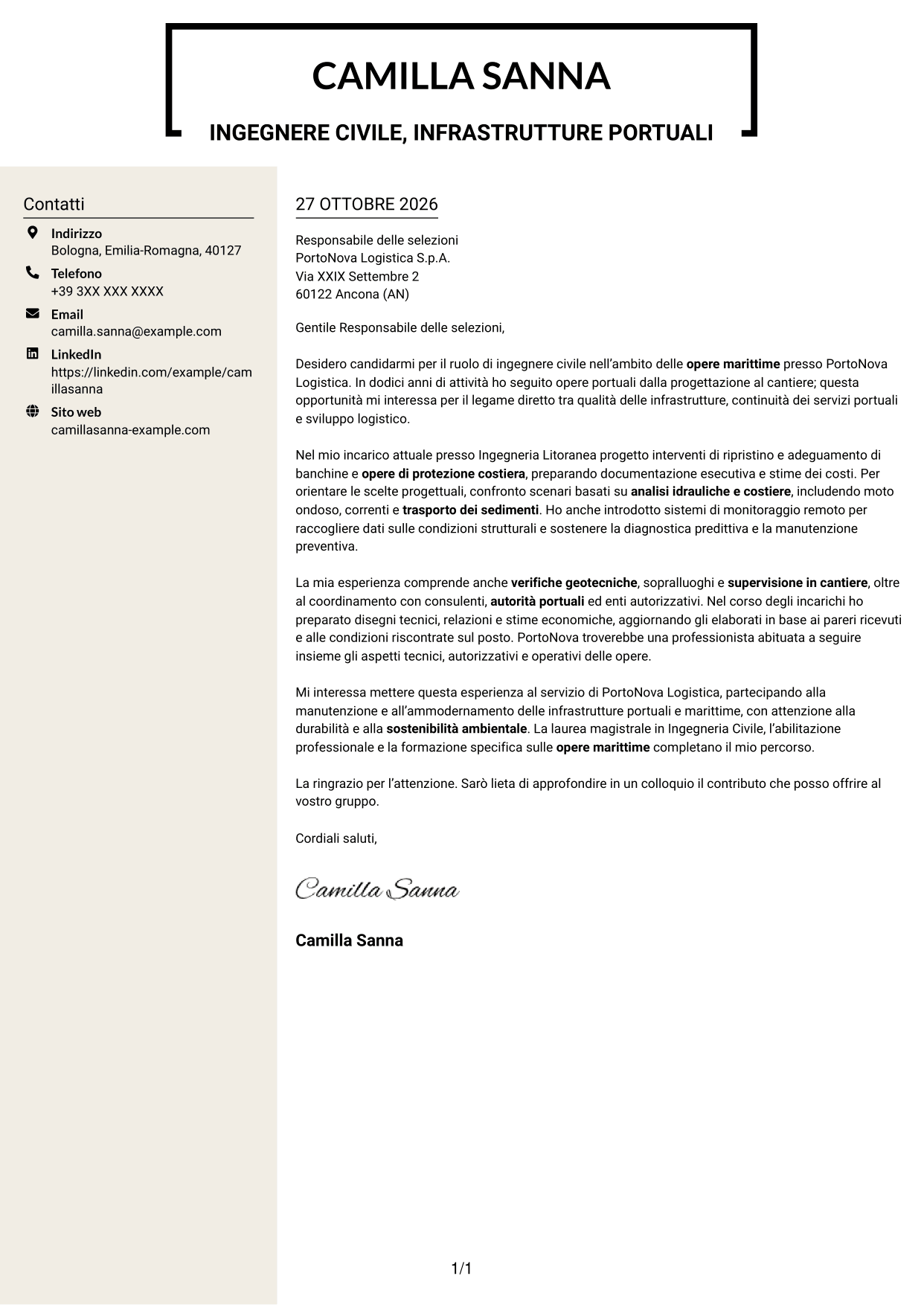 Lettera di presentazione Intraprendente (formato a due colonne con intestazione centrata senza foto): Ingegnere Civile - Opere Marittime, pagina 1